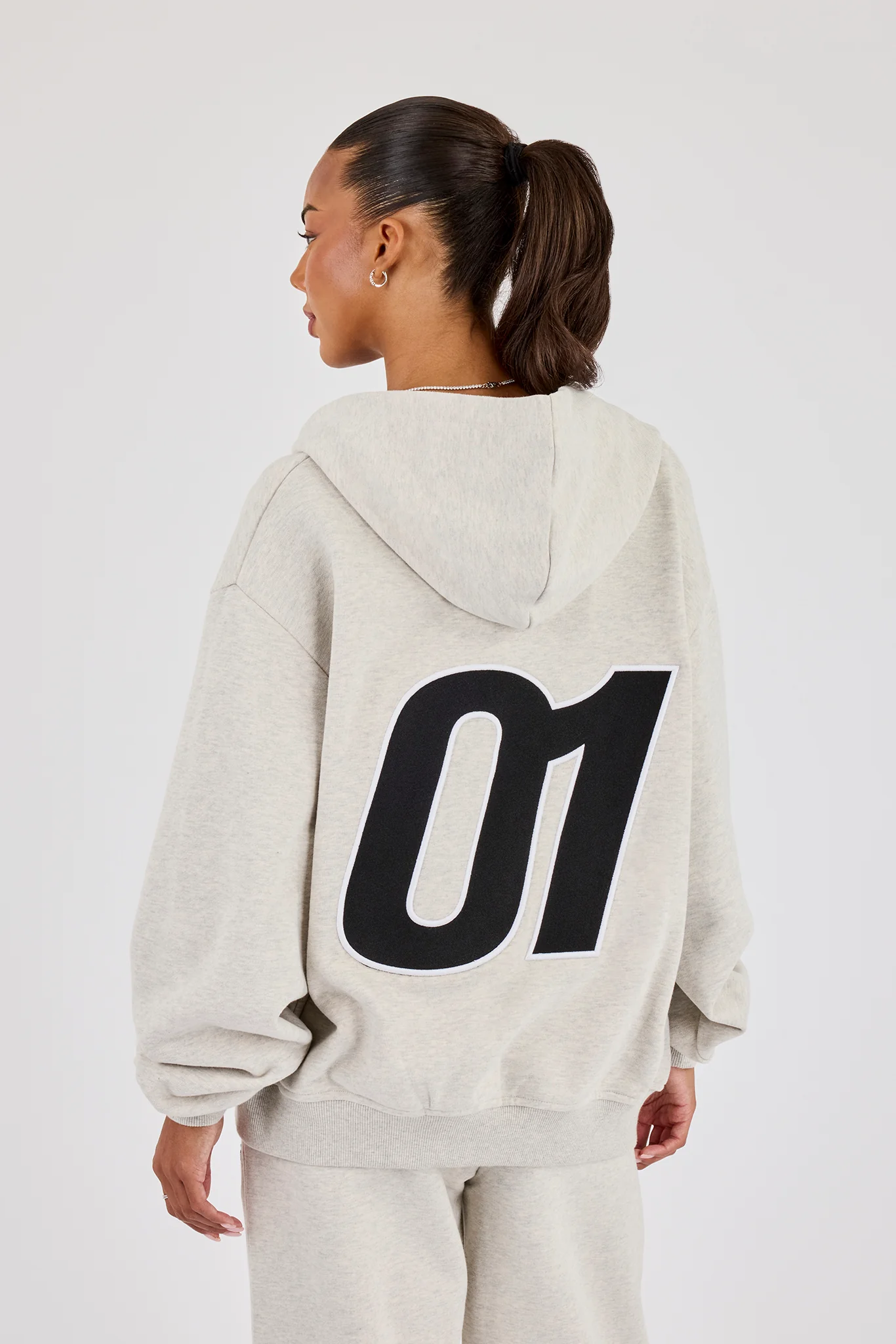 Oversized Embroidered Moto Zip Hoodie - Ash Grey - Image 2