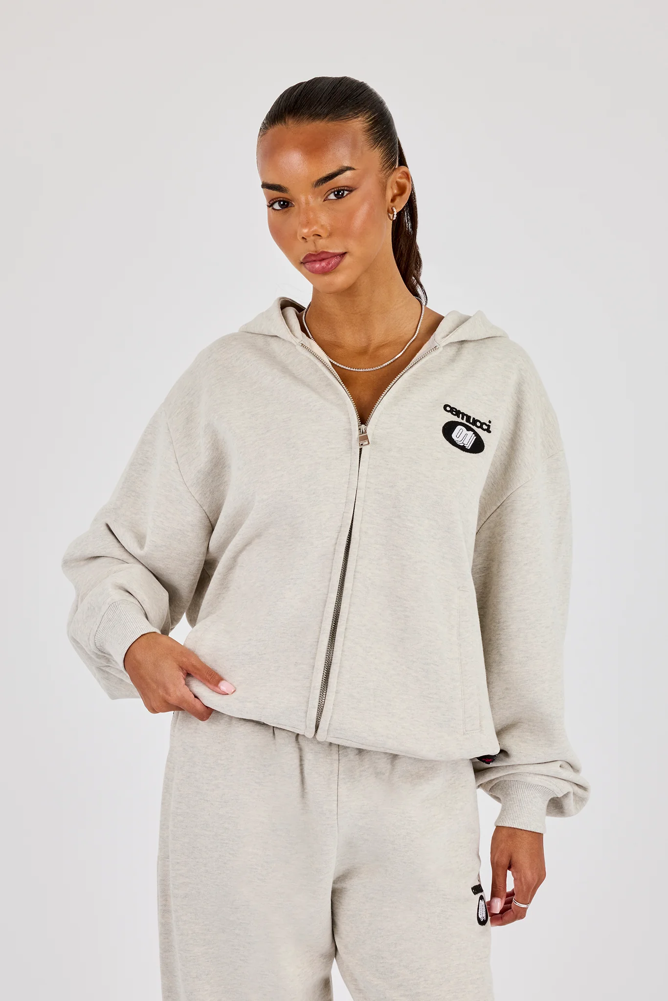Oversized Embroidered Moto Zip Hoodie - Ash Grey - Image 3