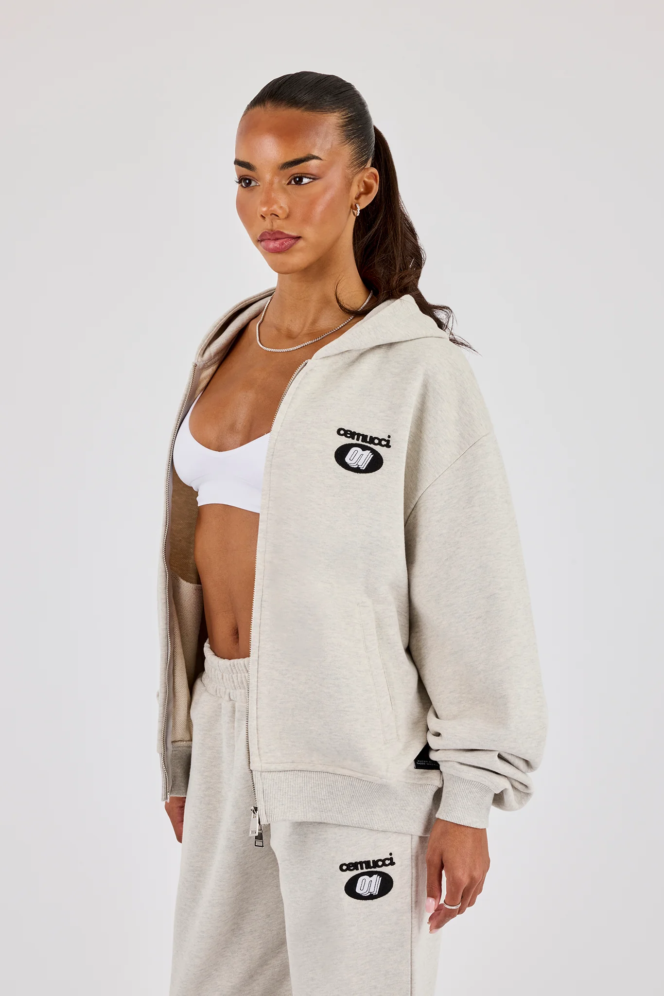 Oversized Embroidered Moto Zip Hoodie - Ash Grey - Image 4