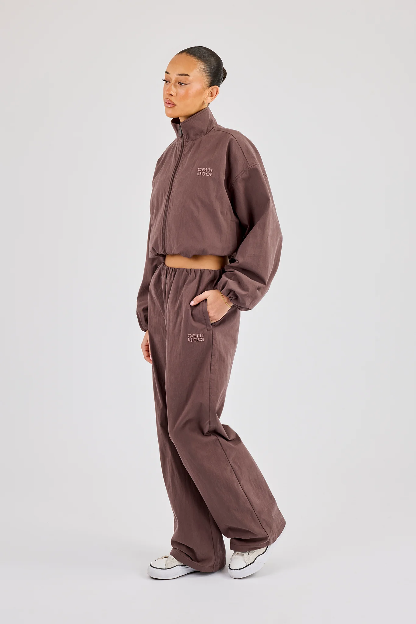 Nylon Track Jacket & Waistband Detail Jogger - Dark Brown