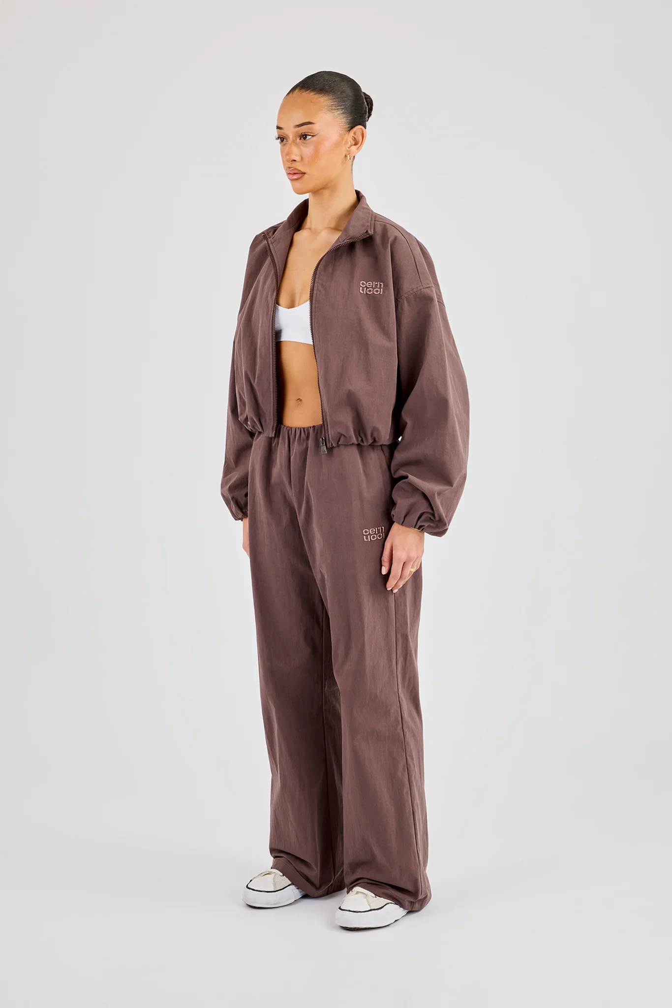 Nylon Track Jacket & Waistband Detail Jogger - Dark Brown - Image 2