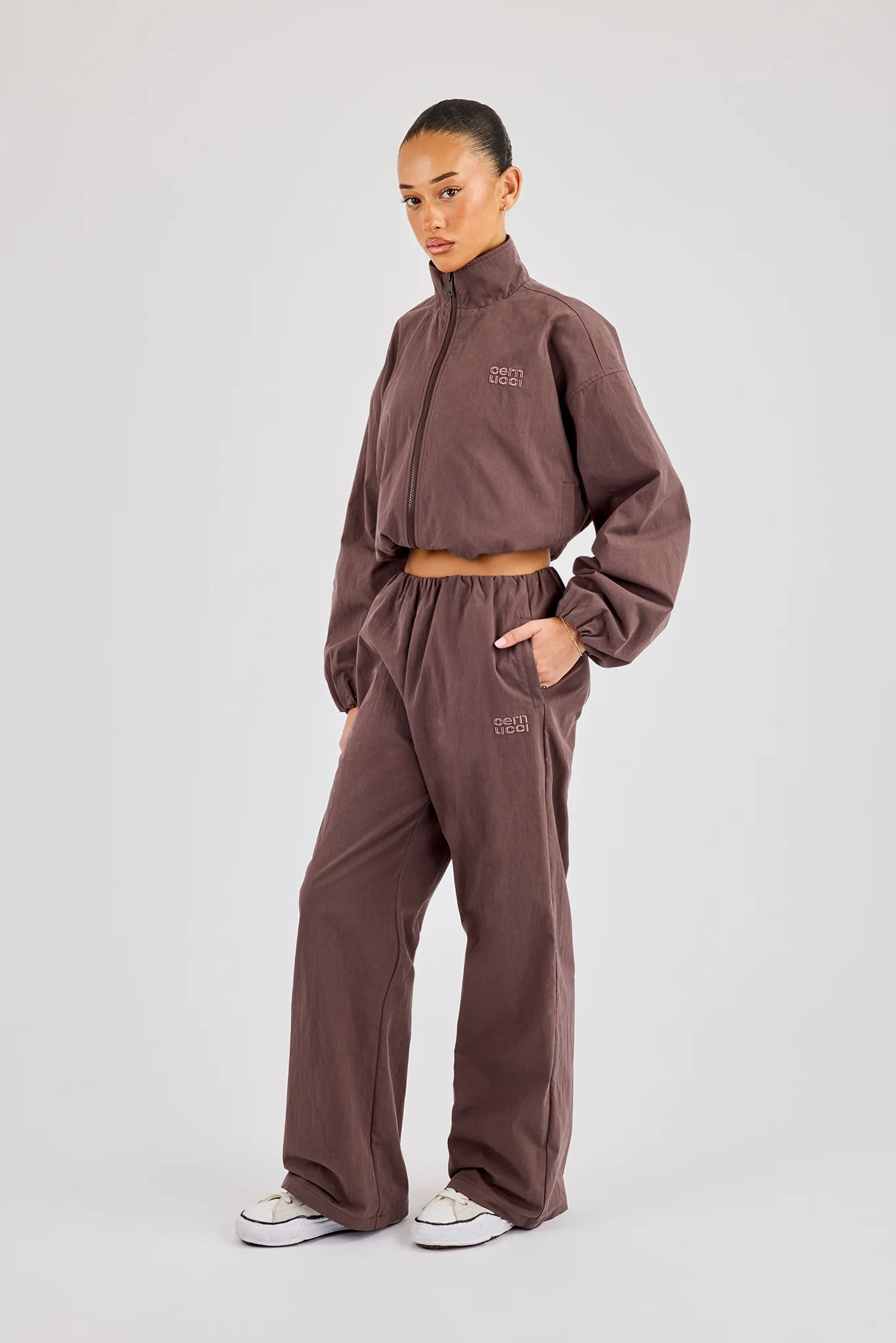 Nylon Track Jacket & Waistband Detail Jogger - Dark Brown - Image 4