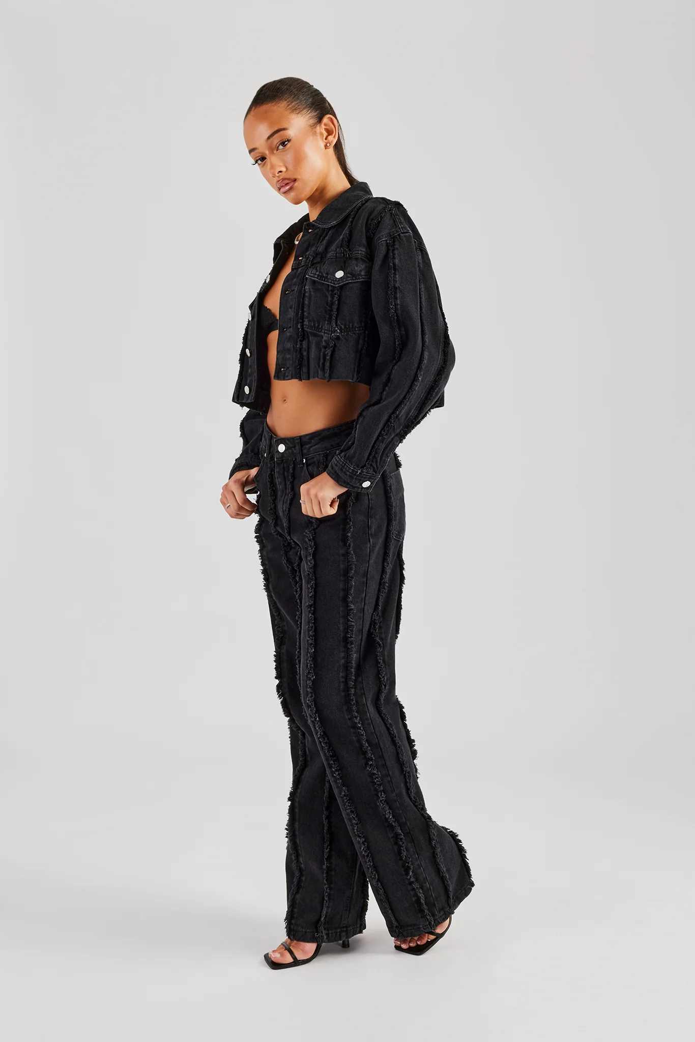 Oversized Raw Edge Cropped Denim Jacket & Relaxed Jean - Washed Black - Image 3