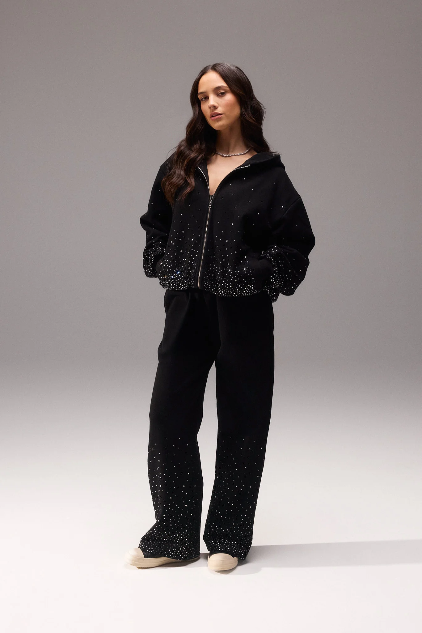 Oversized Rhinestone Zip Hoodie & Wide Leg Jogger - Black