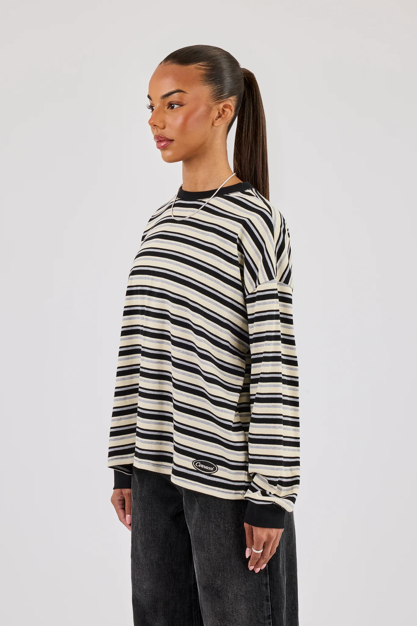 Oversized Stripe Long Sleeve Top - Black - Image 3