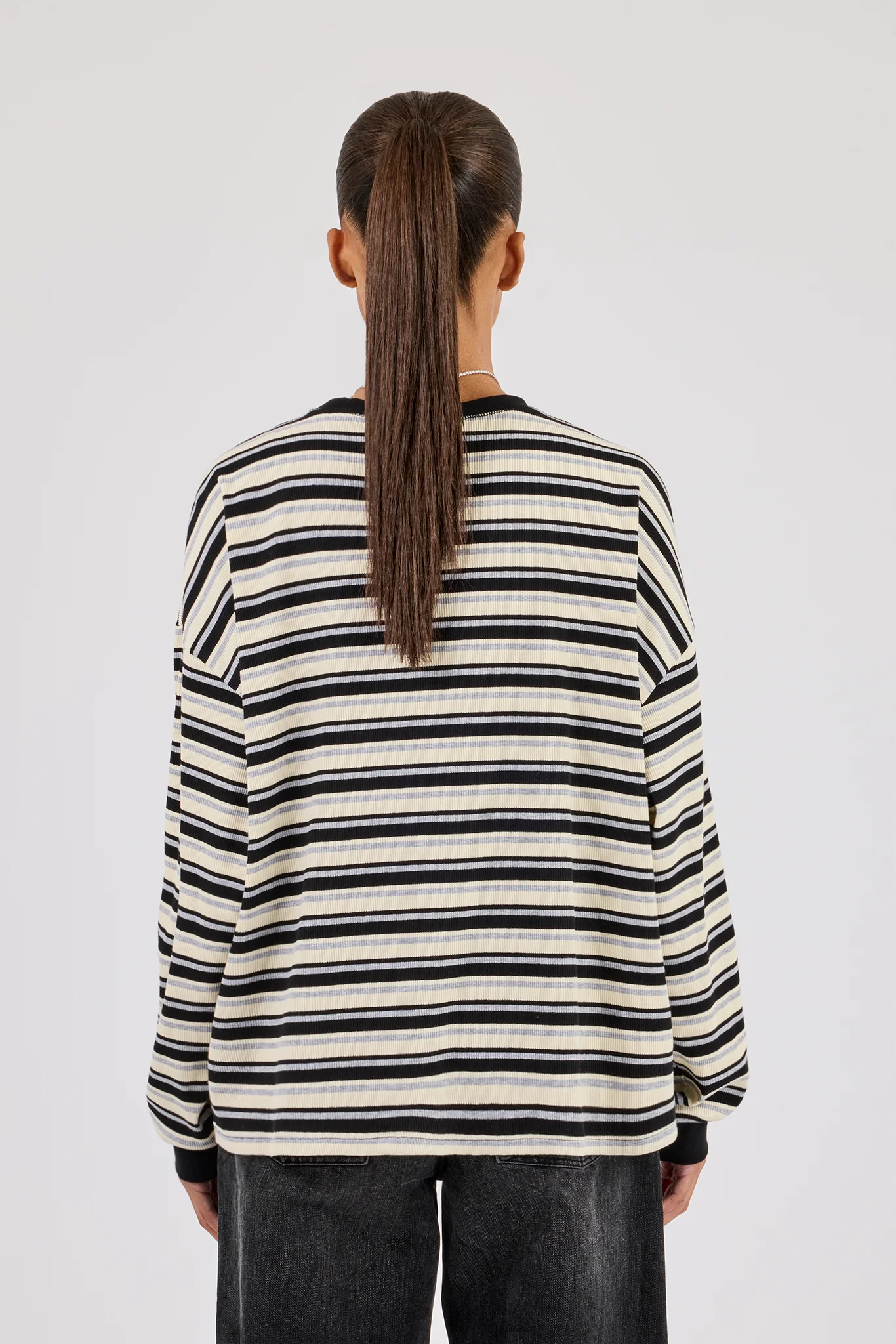 Oversized Stripe Long Sleeve Top - Black - Image 4