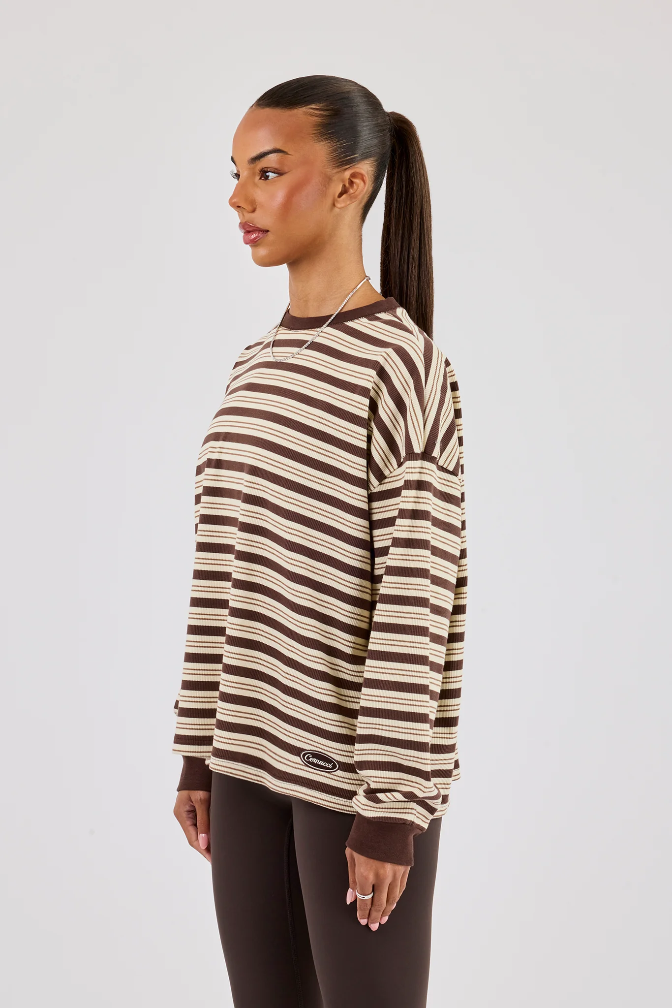 Oversized Stripe Long Sleeve Top - Brown - Image 2
