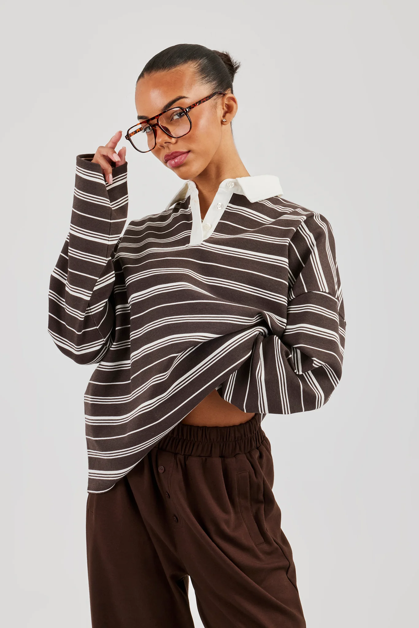 Oversized Stripe Long Sleeve Top - Chocolate - Image 3
