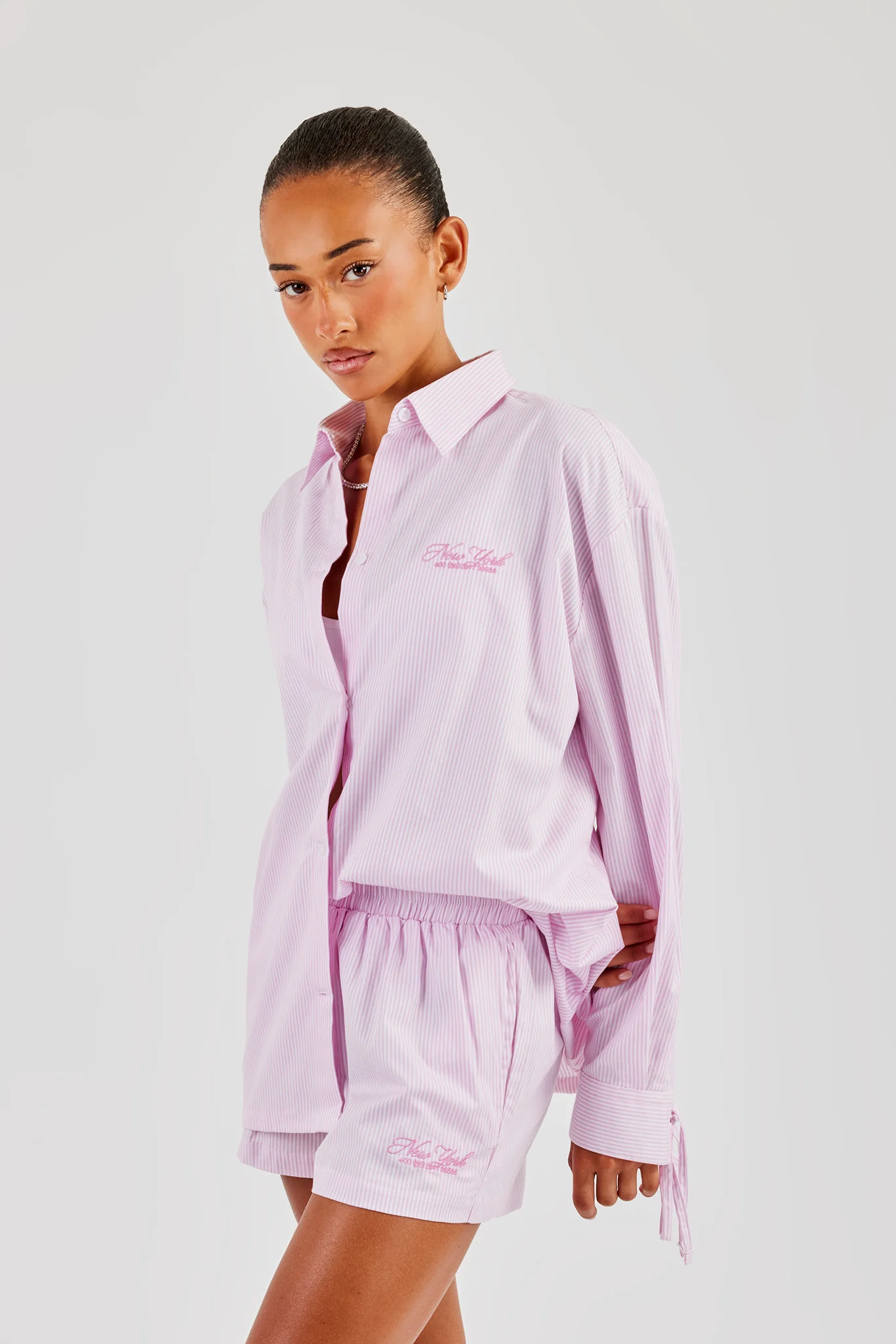 Oversized Stripe Tie Sleeve Shirt - Pink - Image 4
