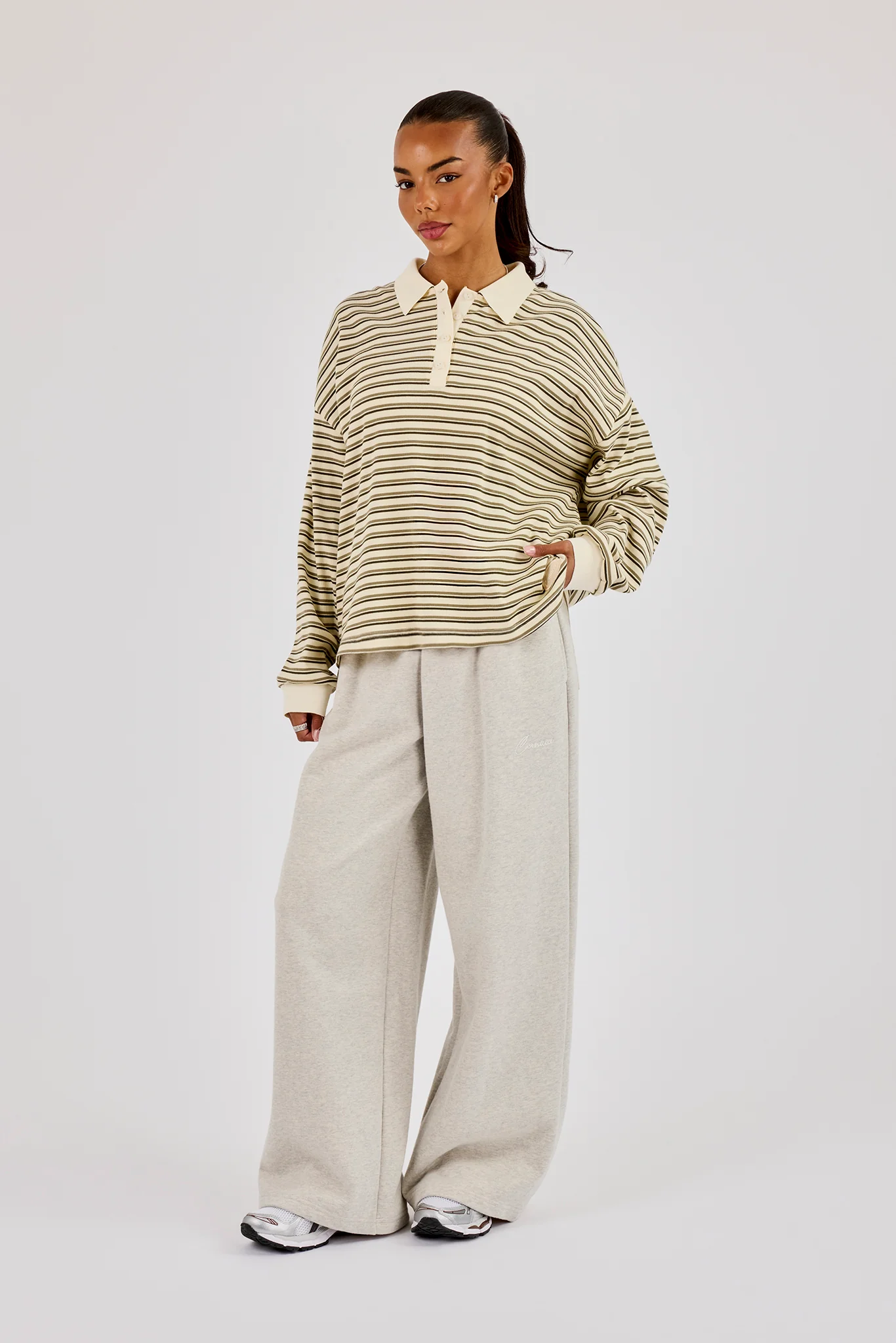 Oversized Textured Stripe Polo Top - Khaki - Image 4
