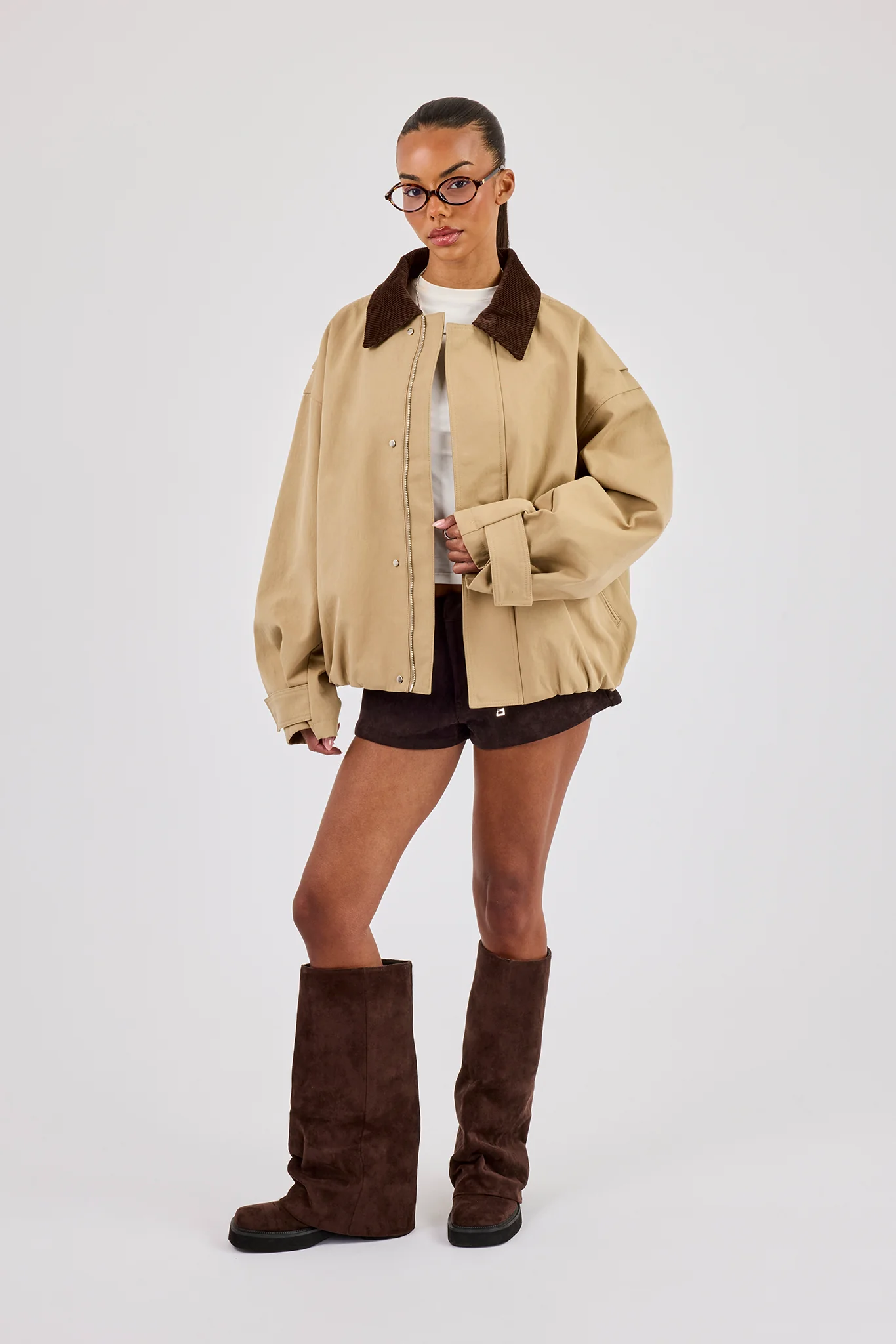 Oversized Twill Harrington Jacket - Beige - Image 3