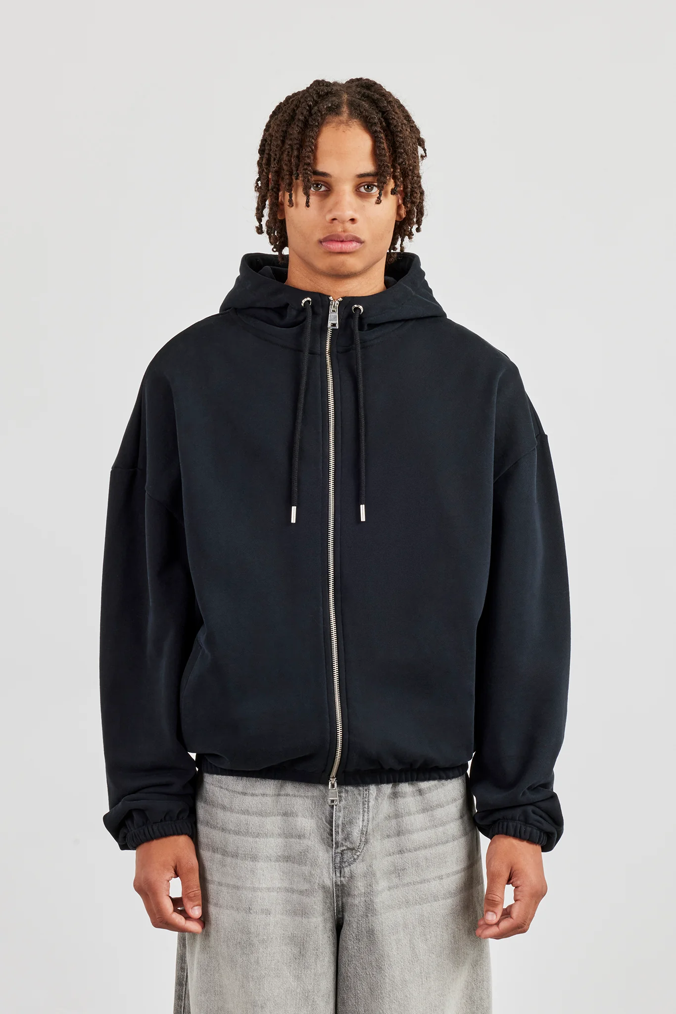 Oversized Zip Front Towelling Applique Hoodie - Black - Image 4