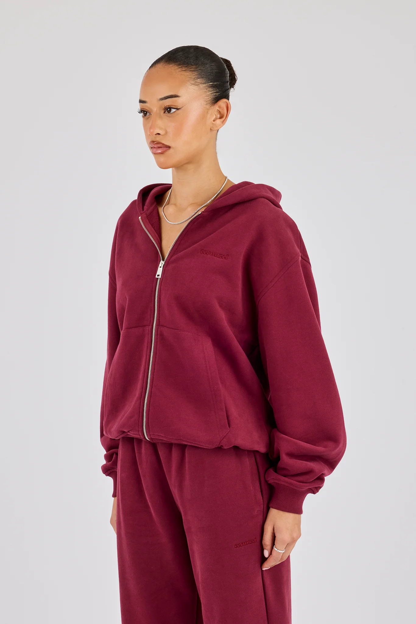 Oversized Zip Through Hoodie - Burgundy - Image 3