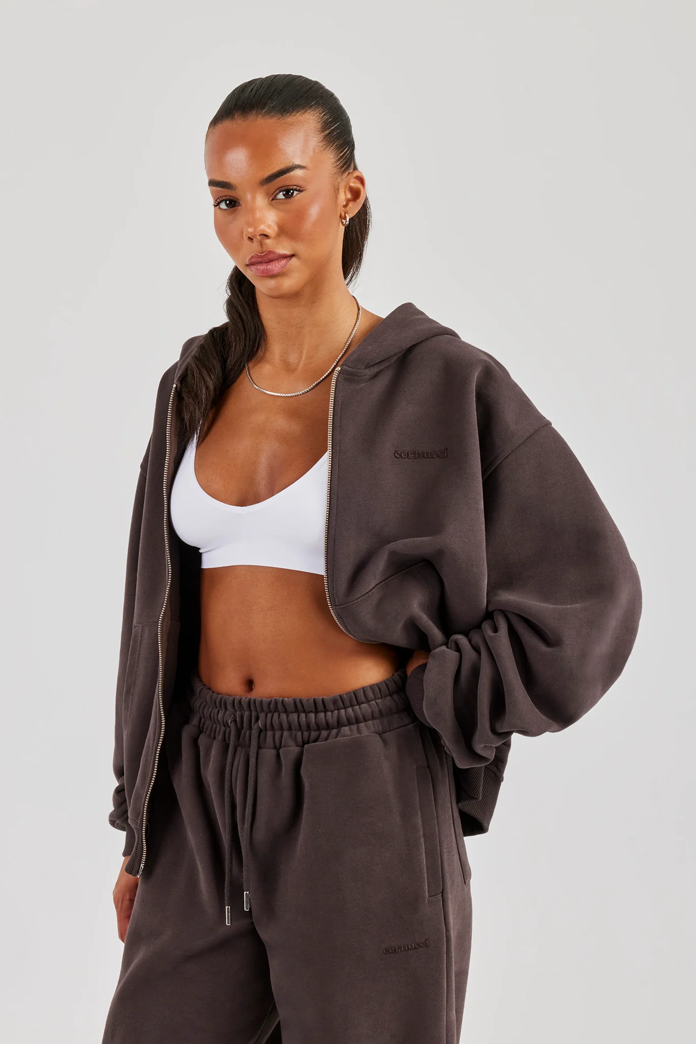 Oversized Zip Through Hoodie - Coffee - Image 2