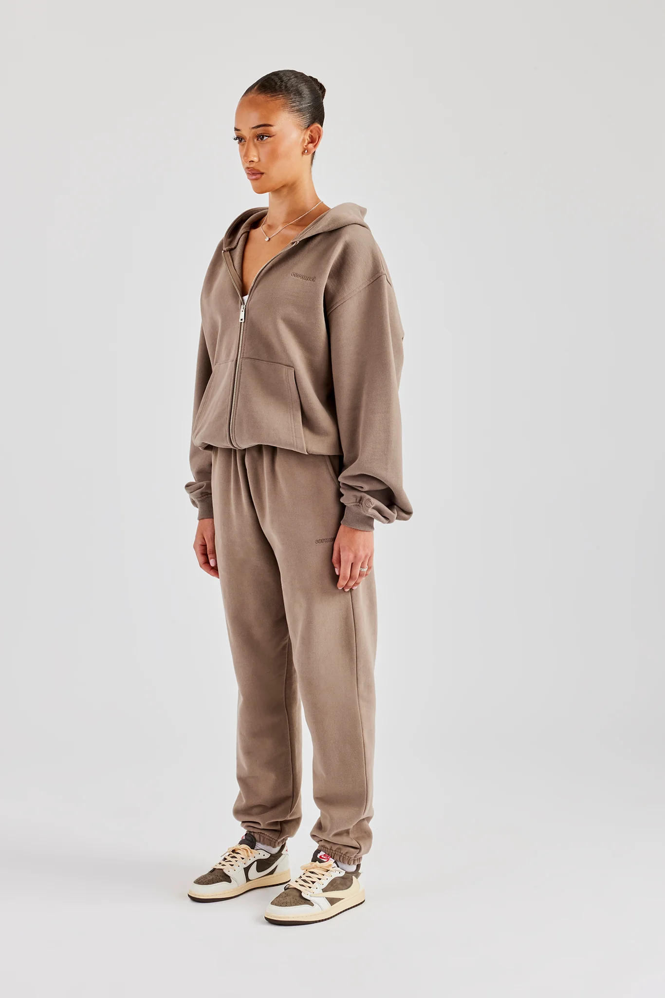 Oversized Zip Through Hoodie & Cuffed Joggers - Taupe - Image 2
