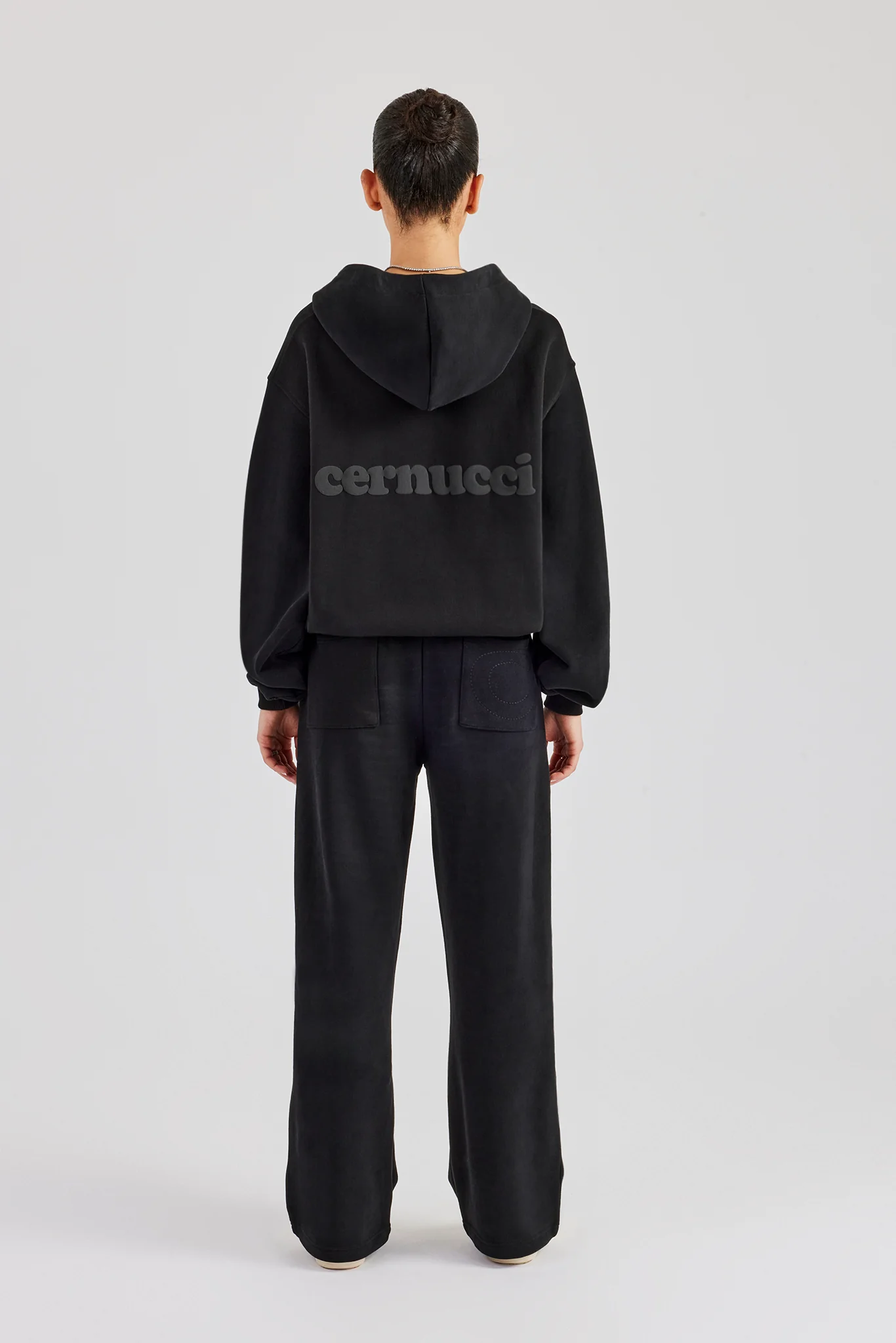 Oversized Zip Through Hoodie & Embroidered Wide Leg Jogger - Black - Image 3