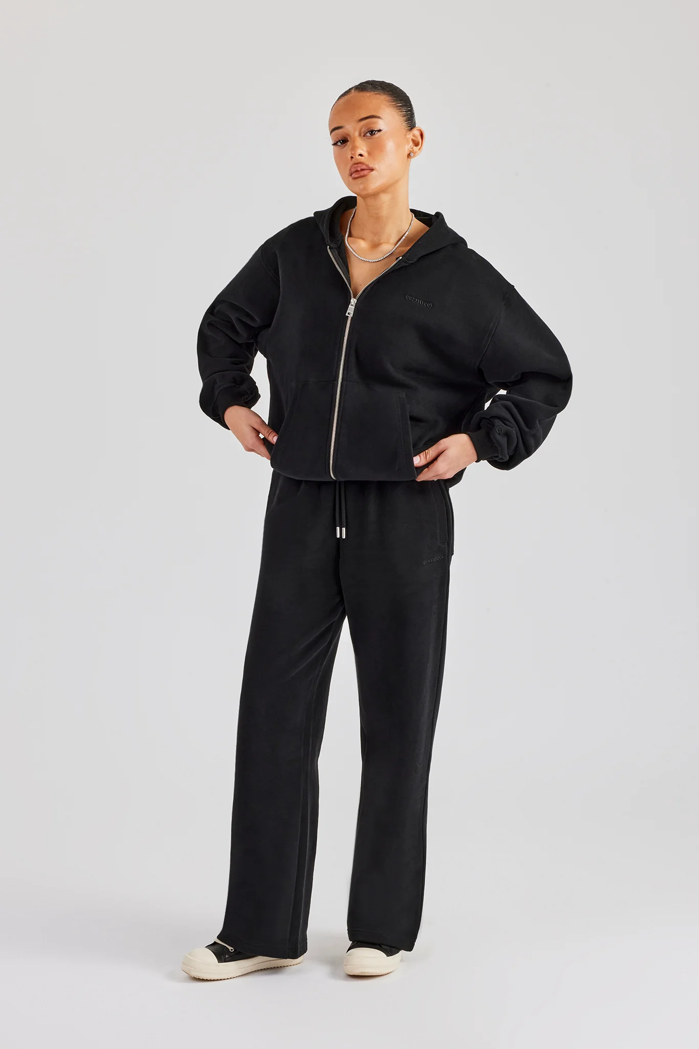 Oversized Zip Through Hoodie & Embroidered Wide Leg Jogger - Black - Image 4