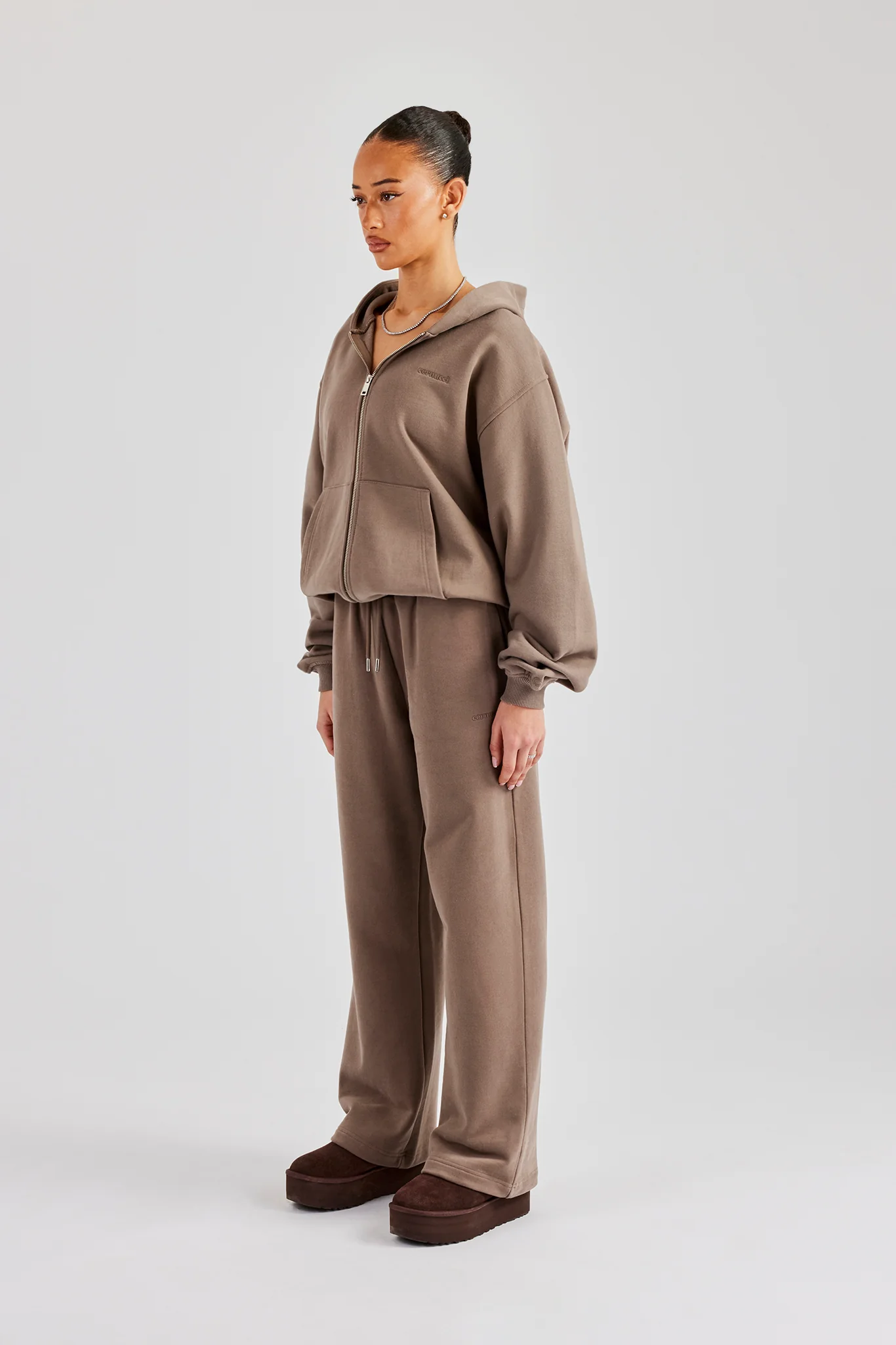 Oversized Zip Through Hoodie & Embroidered Wide Leg Jogger - Taupe - Image 2