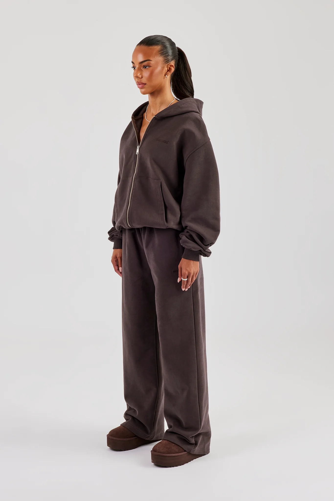 Oversized Zip Through Hoodie & Wide Leg Jogger - Coffee - Image 2