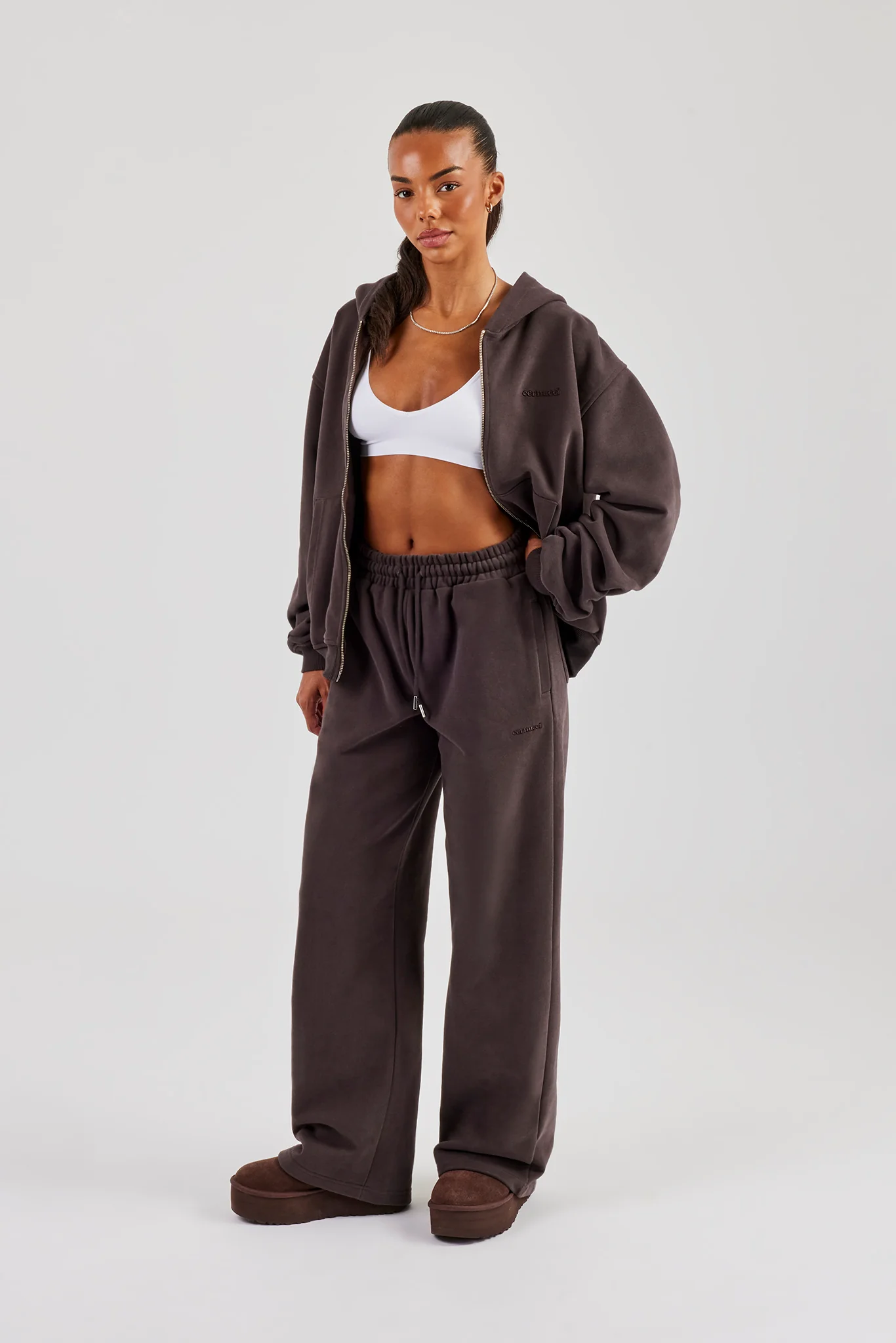 Oversized Zip Through Hoodie & Wide Leg Jogger - Coffee - Image 3