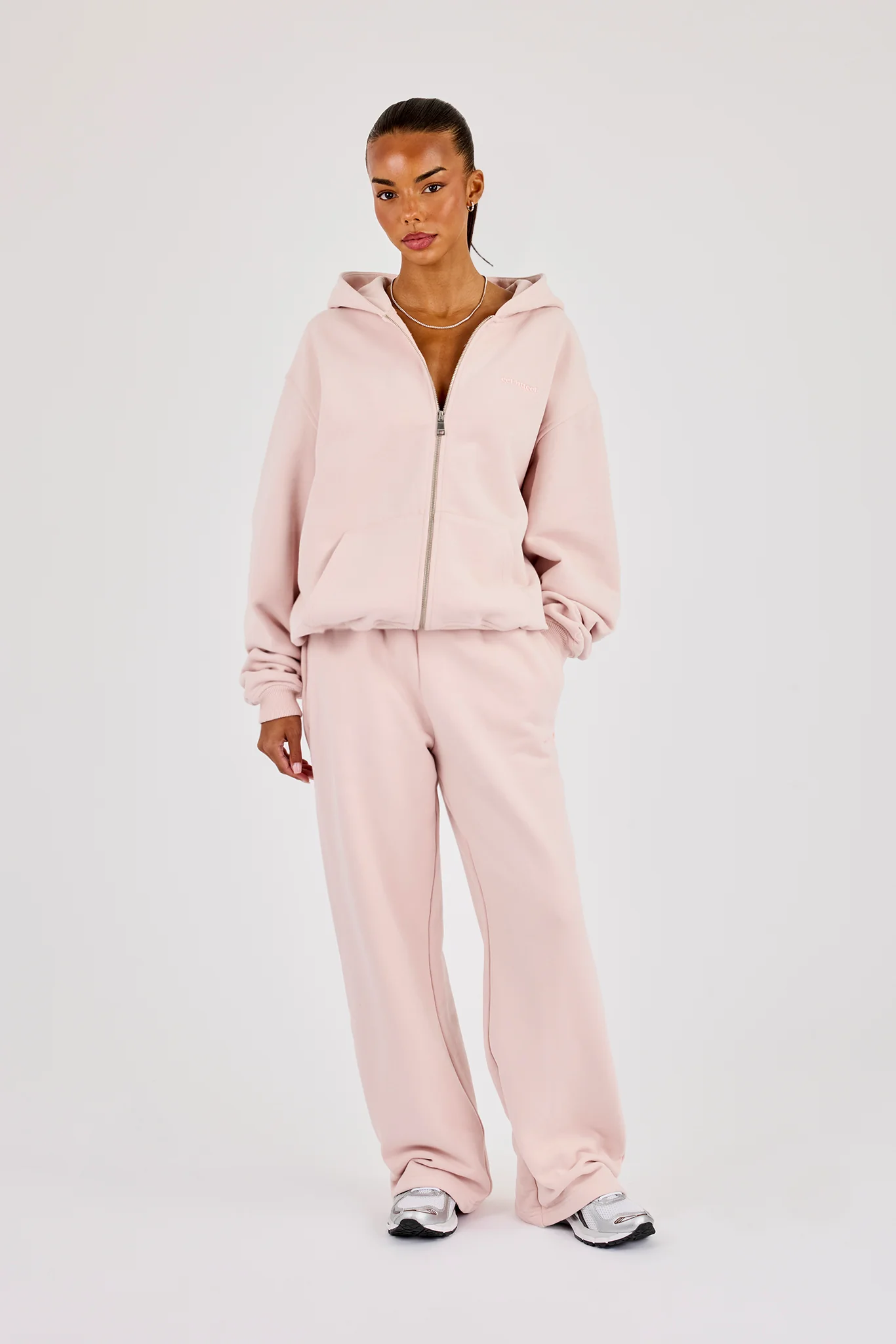 Oversized Zip Through Hoodie & Wide Leg Jogger - Dusty Pink - Image 3