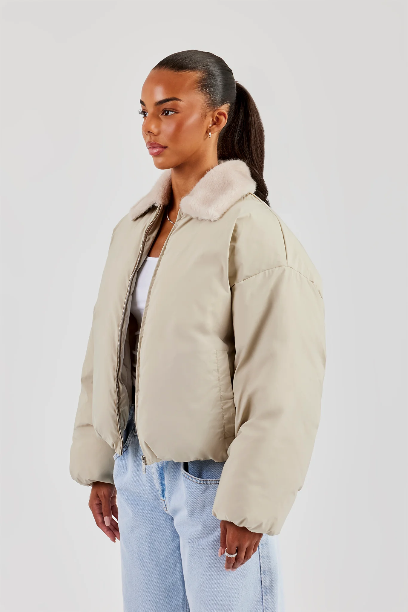 Padded Bomber With Fur Collar - Sage - Image 2
