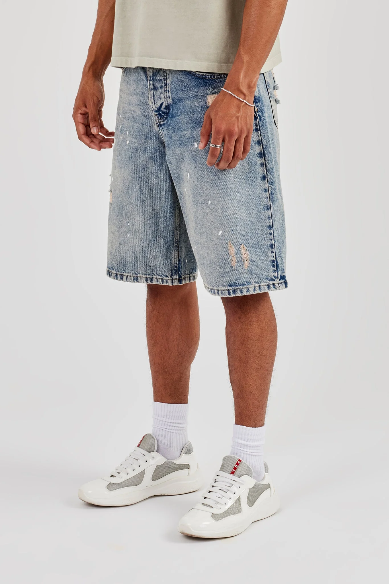 Paint Splatter Denim Bermuda Jorts - Antique Wash