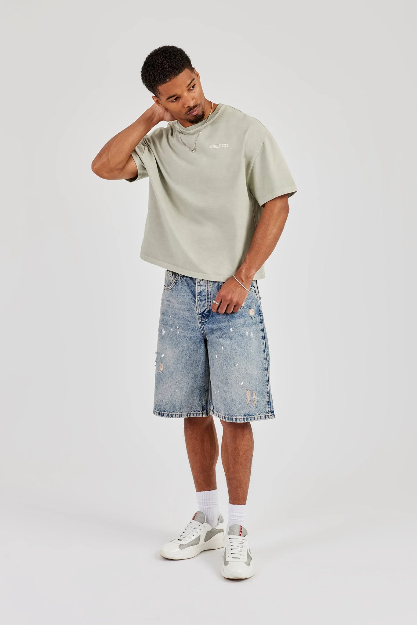 Paint Splatter Denim Bermuda Jorts - Antique Wash - Image 6