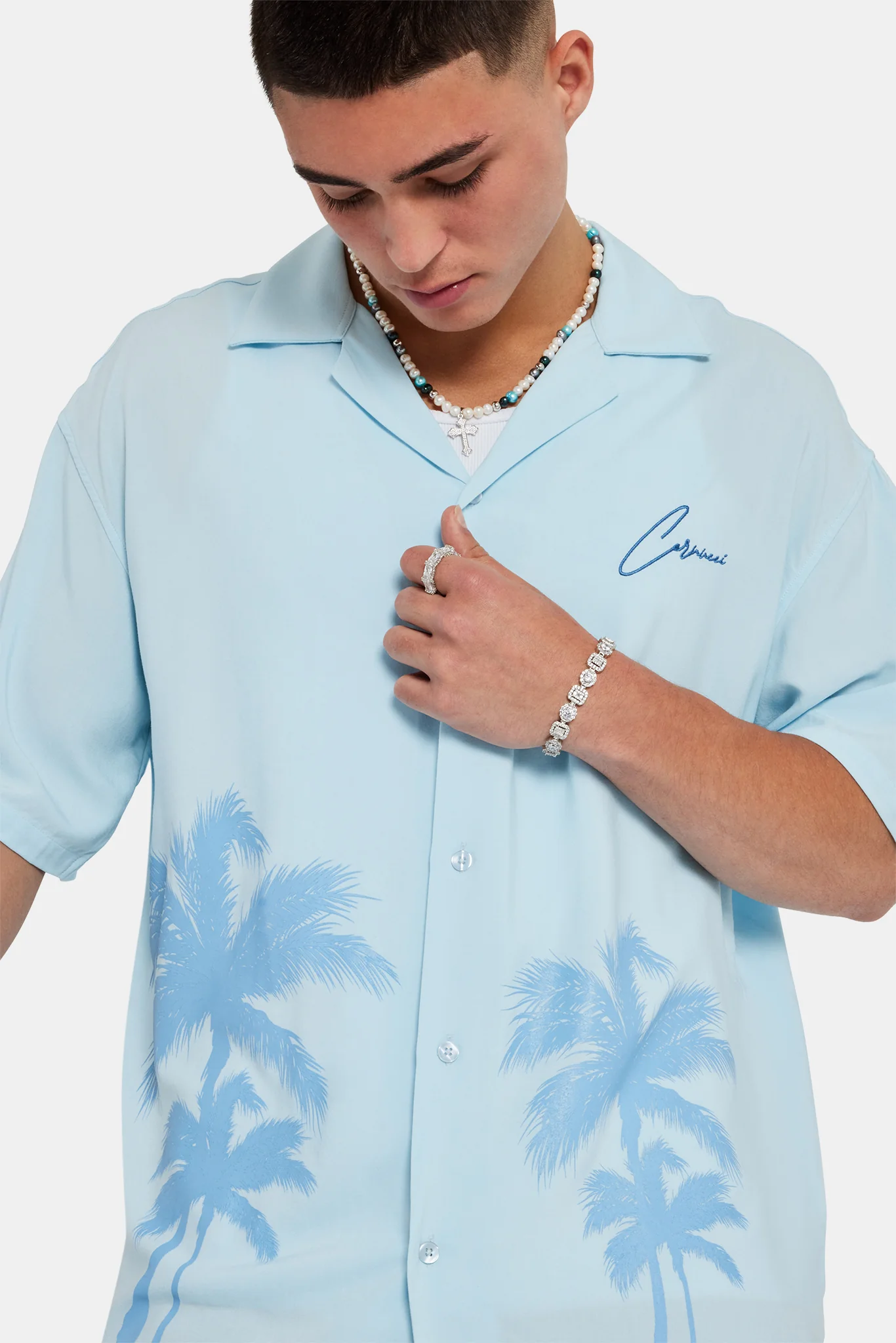 Palm Print Shirt - Light Blue - Image 4