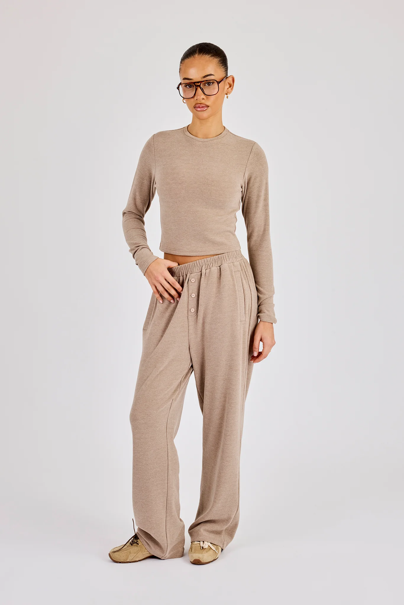 Peached Soft Touch Long Sleeve Top - Taupe - Image 3