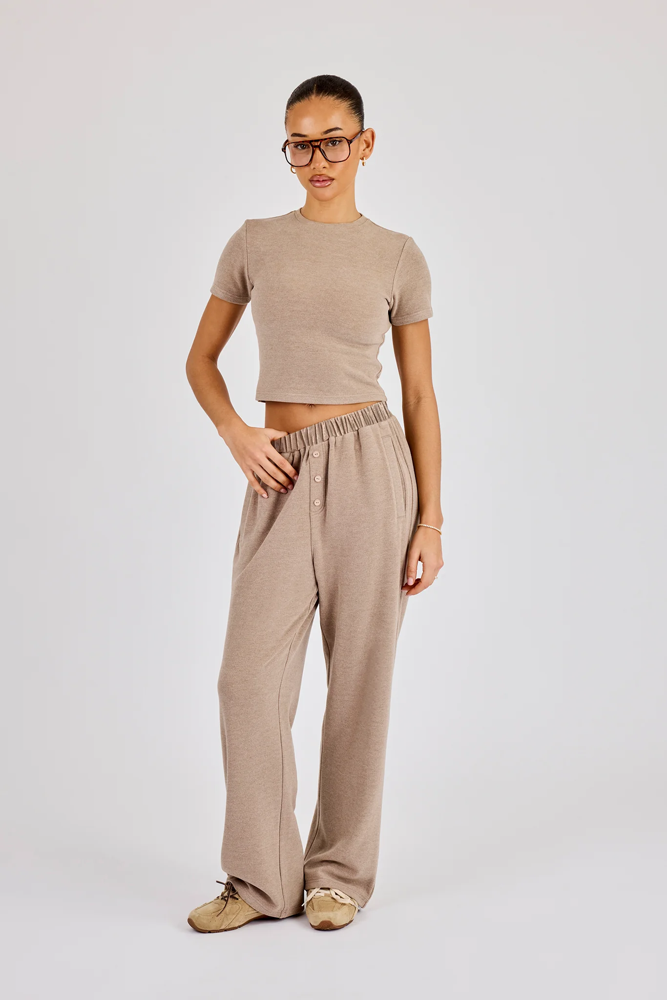 Peached Soft Touch Short Sleeve Top & Trouser - Taupe