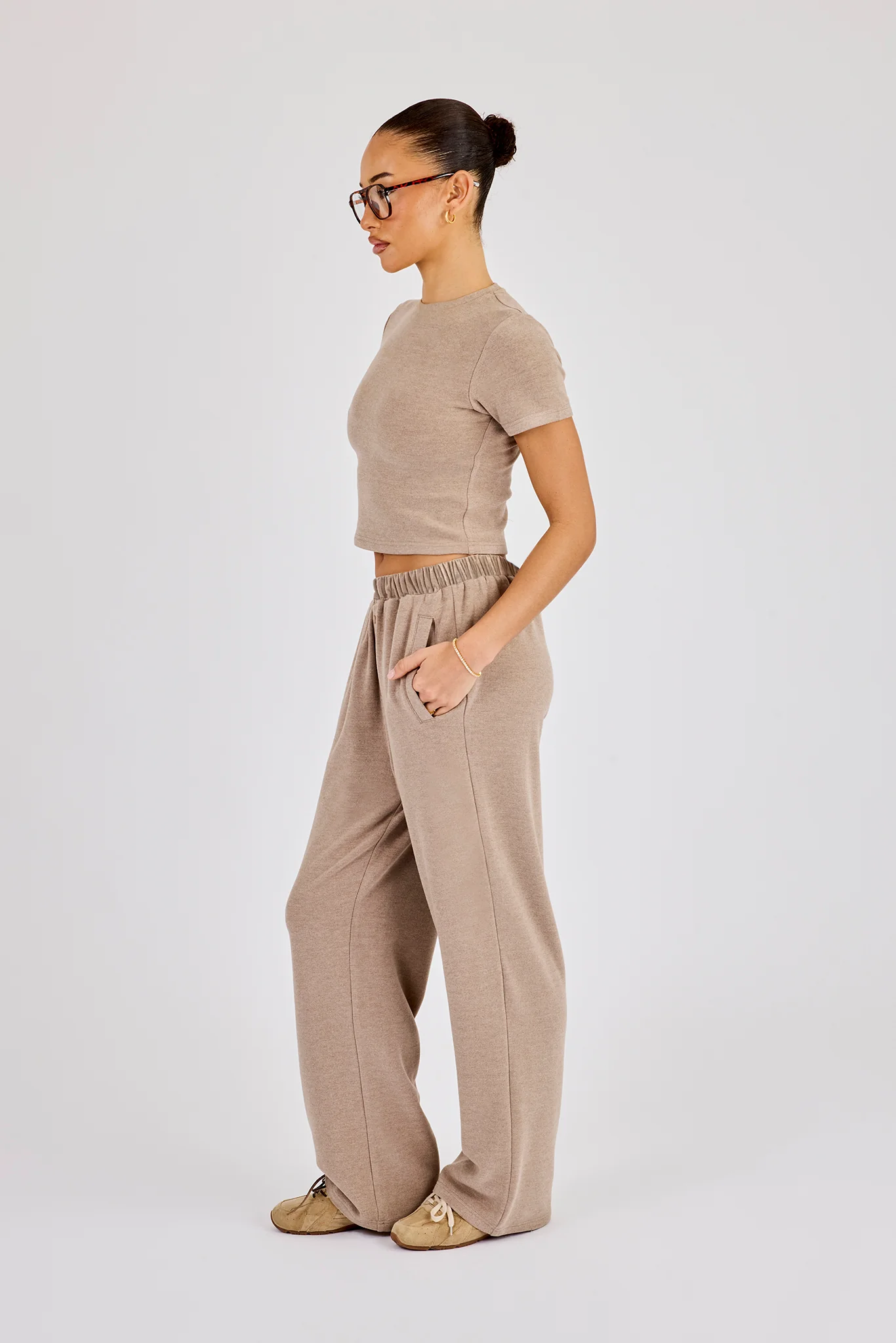 Peached Soft Touch Short Sleeve Top & Trouser - Taupe - Image 3