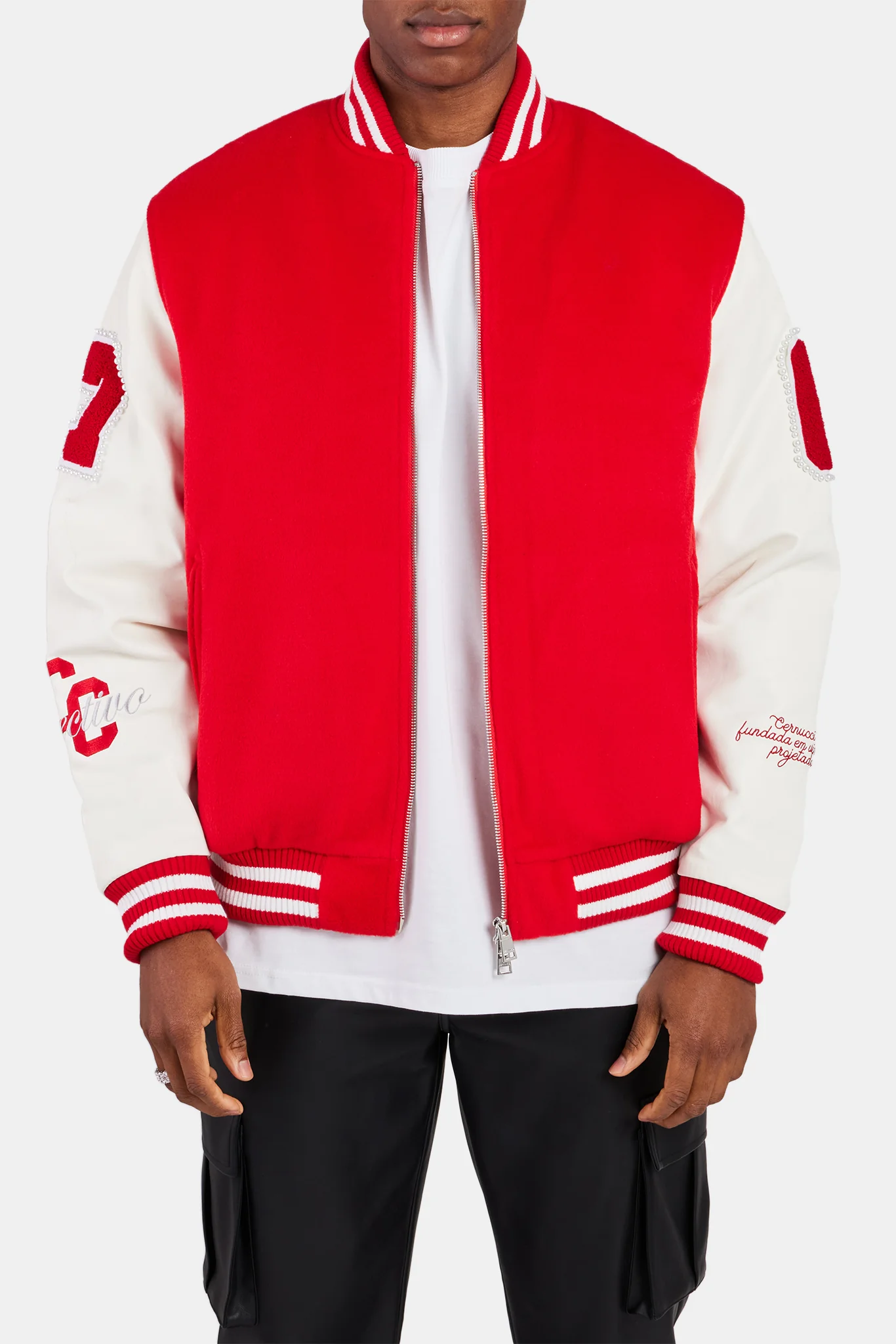 Pearl Embellished Bomber Jacket  - Red - Image 3