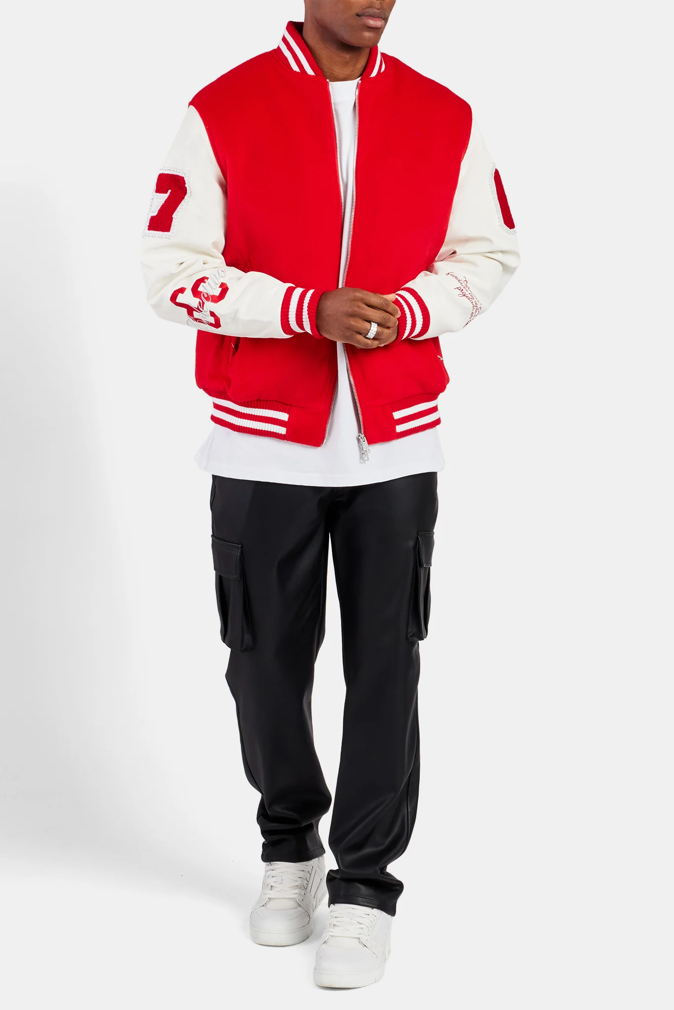 Pearl Embellished Bomber Jacket  - Red - Image 4