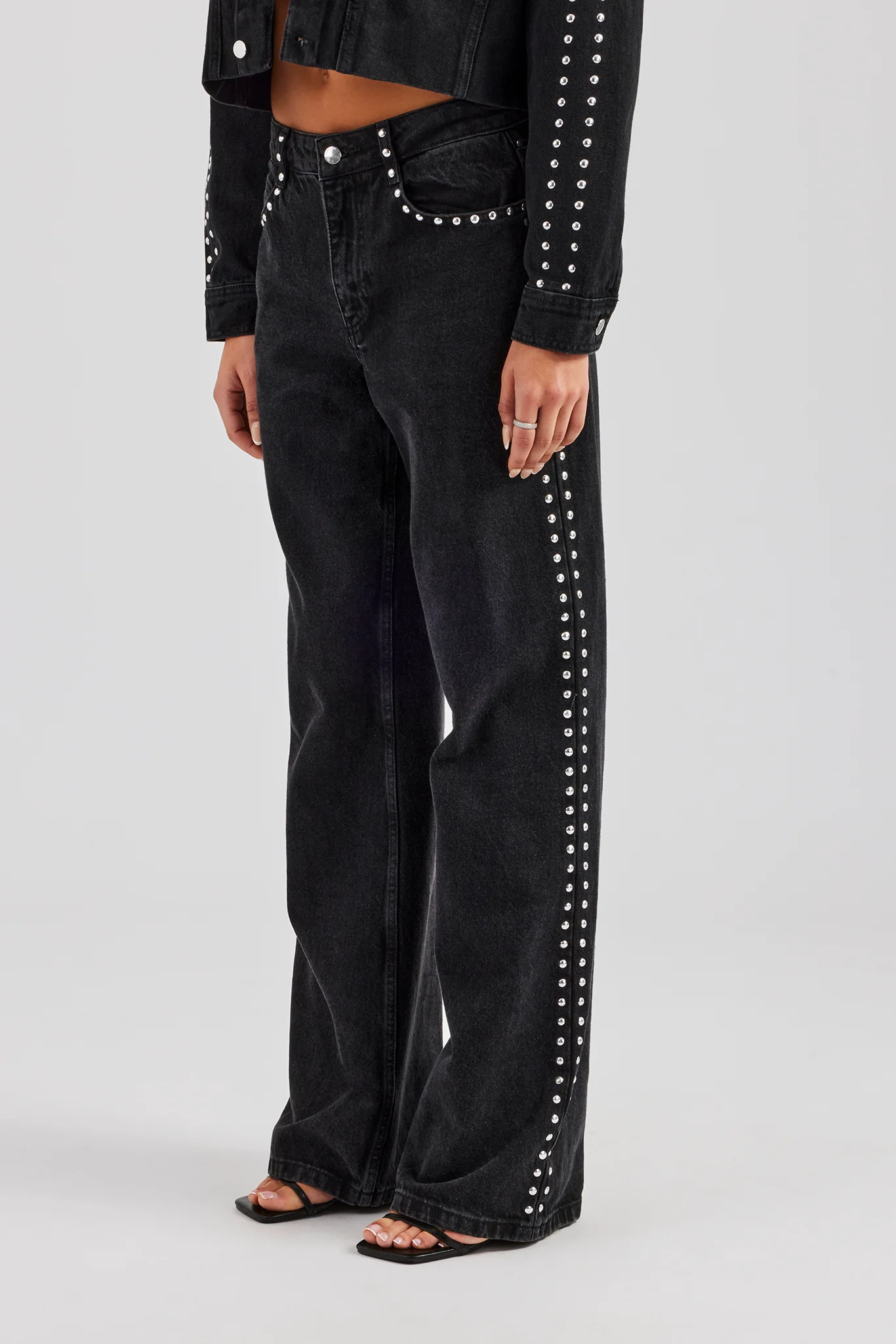 Stud Cropped Denim Jacket & Flare Jean - Washed Black - Image 3