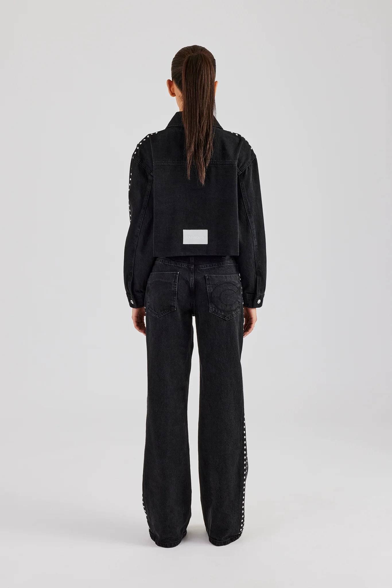 Stud Cropped Denim Jacket & Flare Jean - Washed Black - Image 6