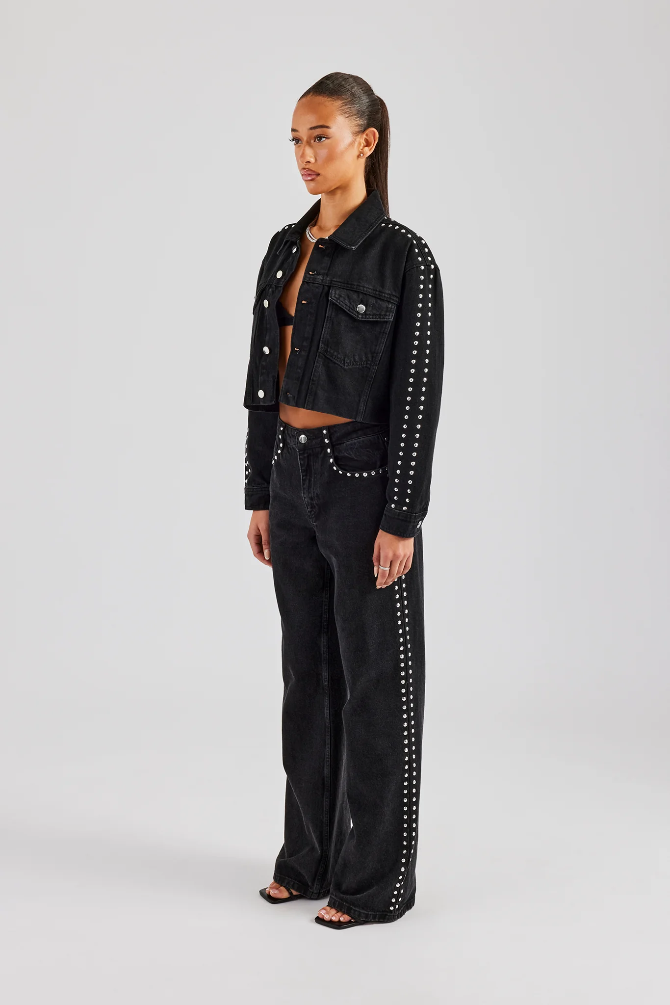 Stud Cropped Denim Jacket & Flare Jean - Washed Black - Image 7