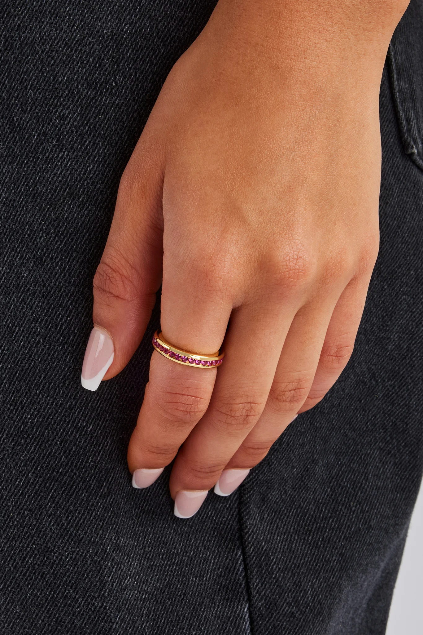Pink Centre Iced Band Ring - Gold 4mm - Image 2