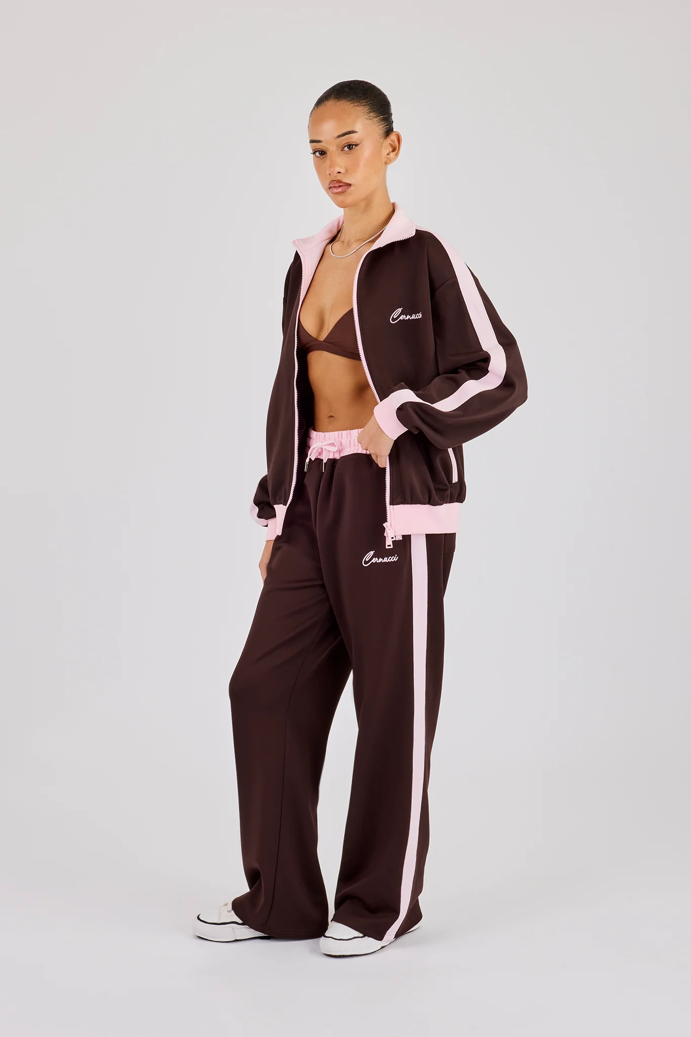 Pink Contrast Rib Panel Tracksuit - Chocolate - Image 2