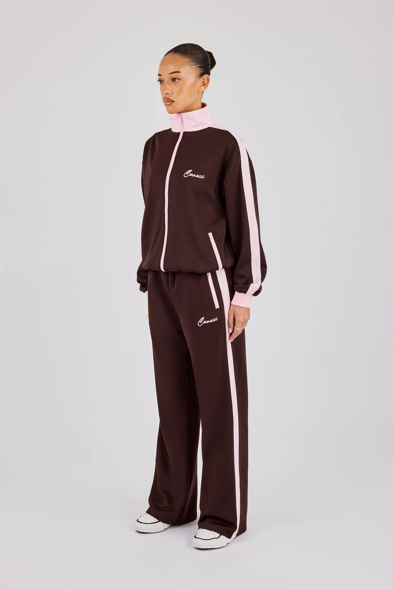 Pink Contrast Rib Panel Tracksuit - Chocolate - Image 3