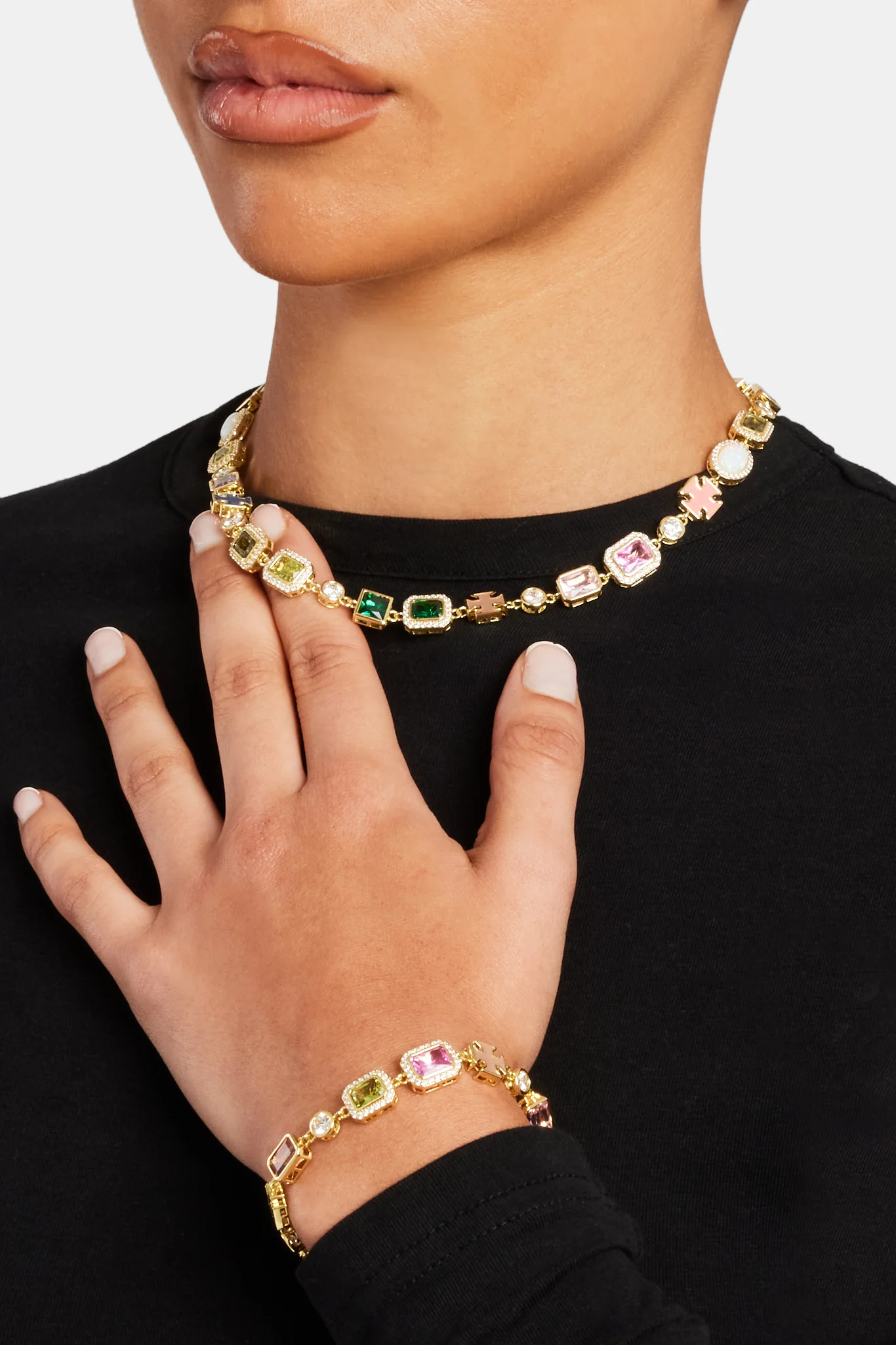 Pink & Green Multi Gem Stone Motif Necklace & Bracelet - Gold