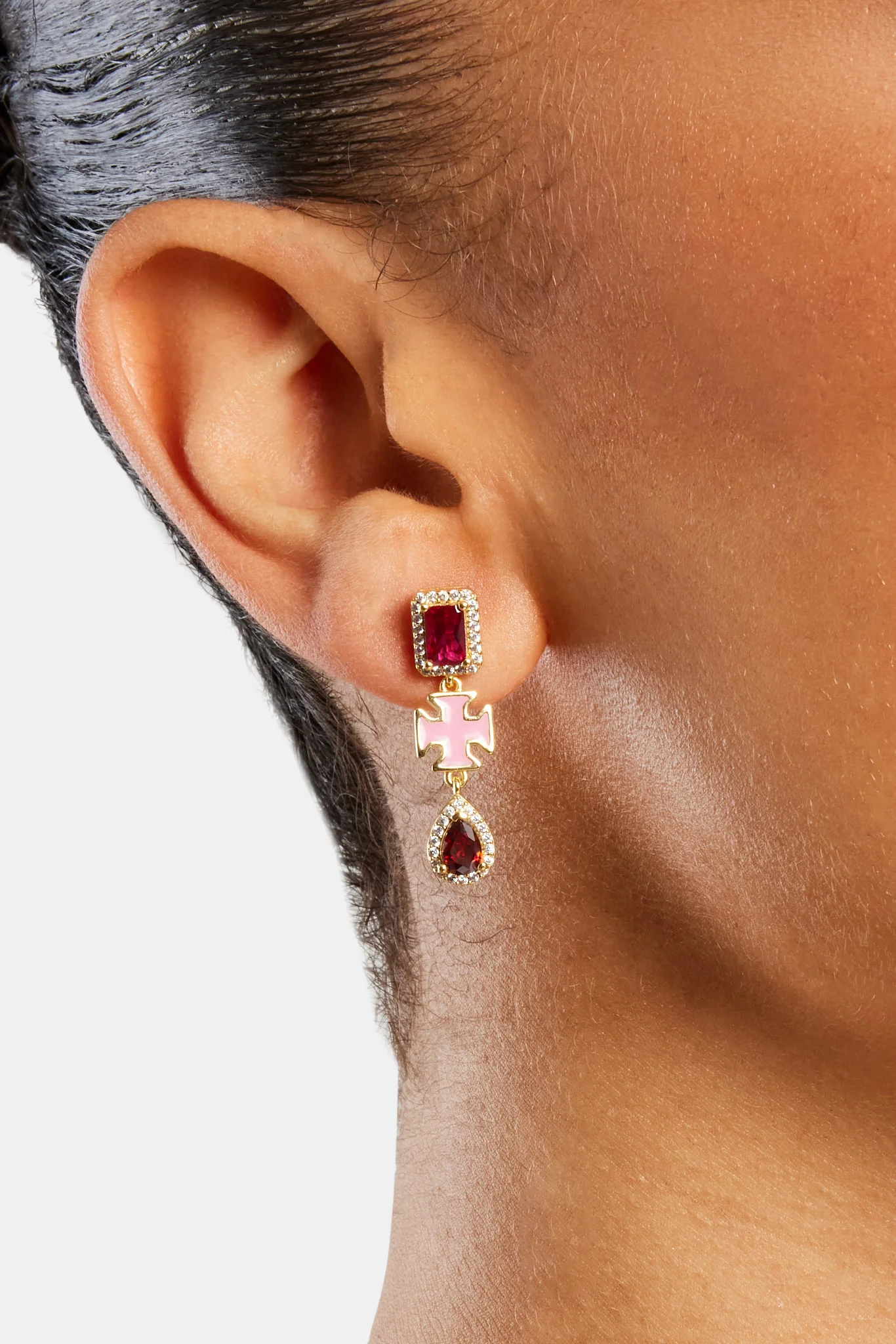 Pink Multi Gem Drop Earrings - Gold - Image 2
