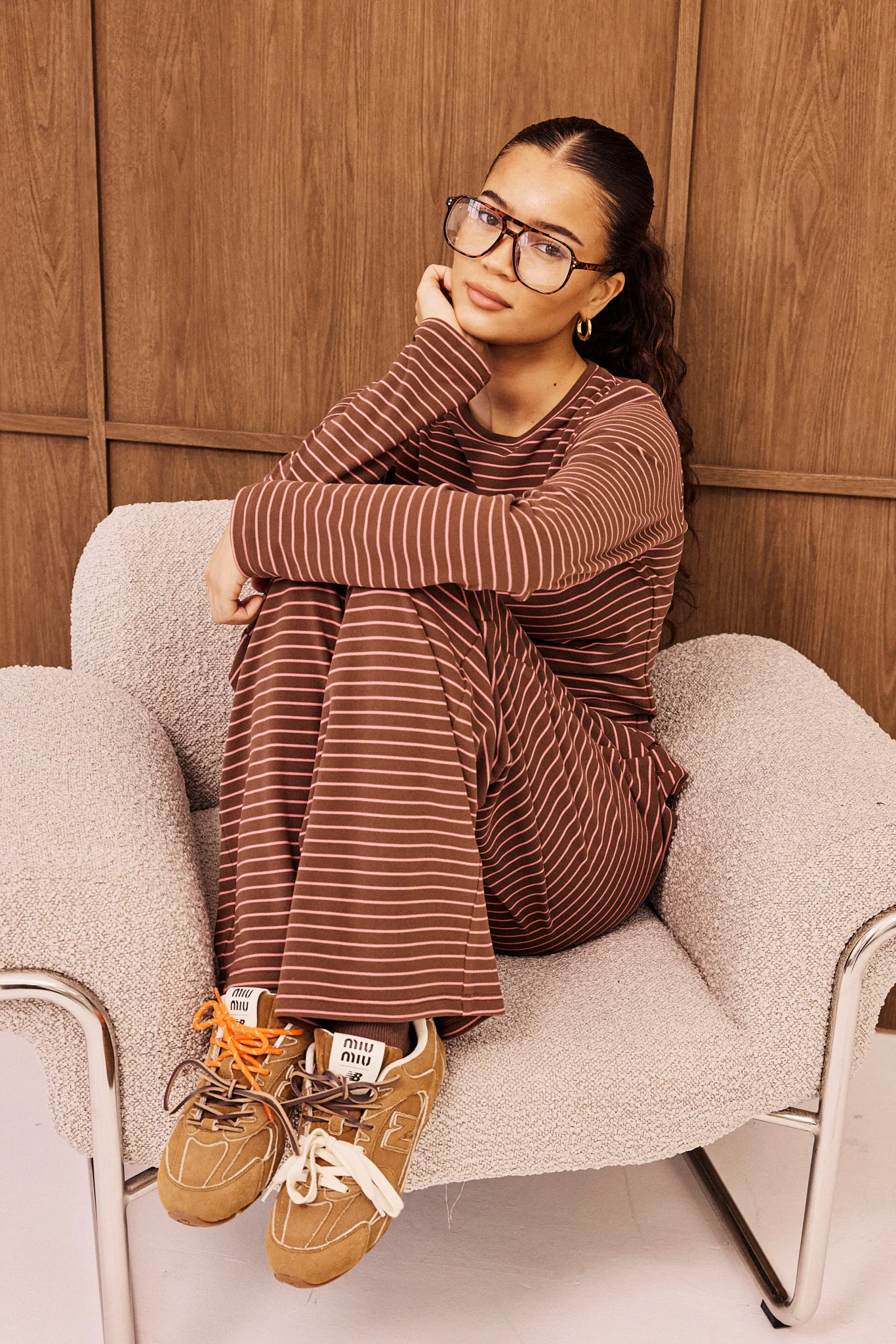 Pink Stripe Soft Touch Button Detail Wide Leg Jogger - Chocolate - Image 2