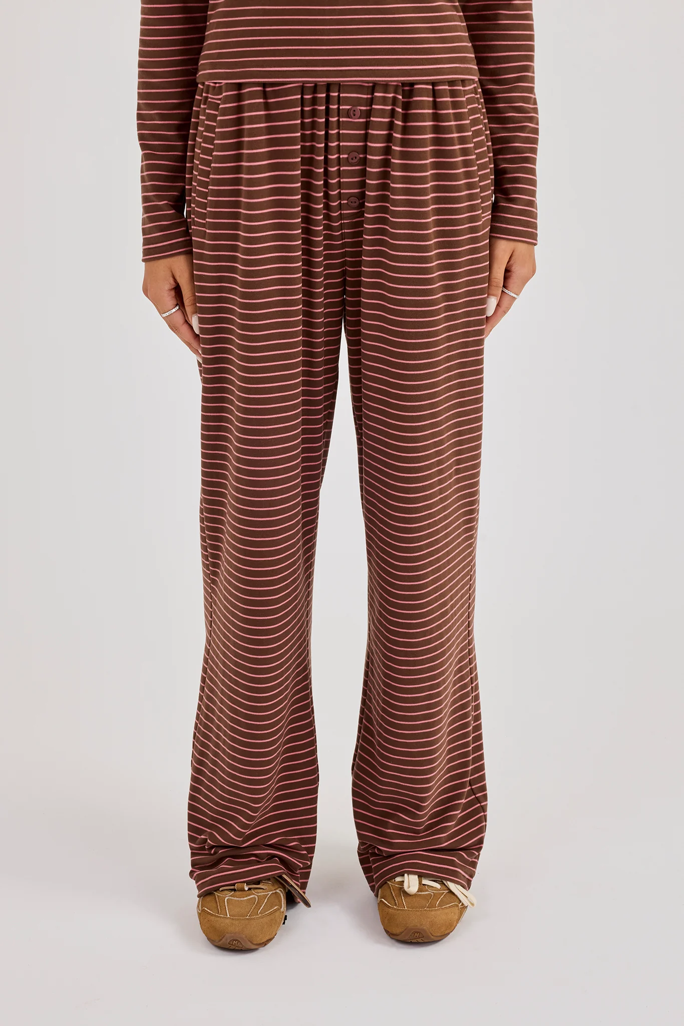 Pink Stripe Soft Touch Button Detail Wide Leg Jogger - Chocolate - Image 3