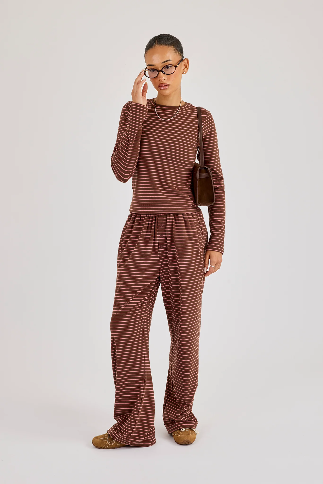 Pink Stripe Soft Touch Long Sleeve Top & Button Detail Wide Leg Jogger - Chocolate - Image 2
