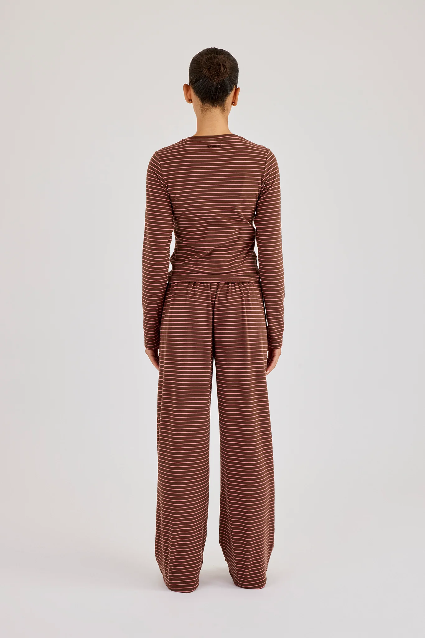 Pink Stripe Soft Touch Long Sleeve Top & Button Detail Wide Leg Jogger - Chocolate - Image 4