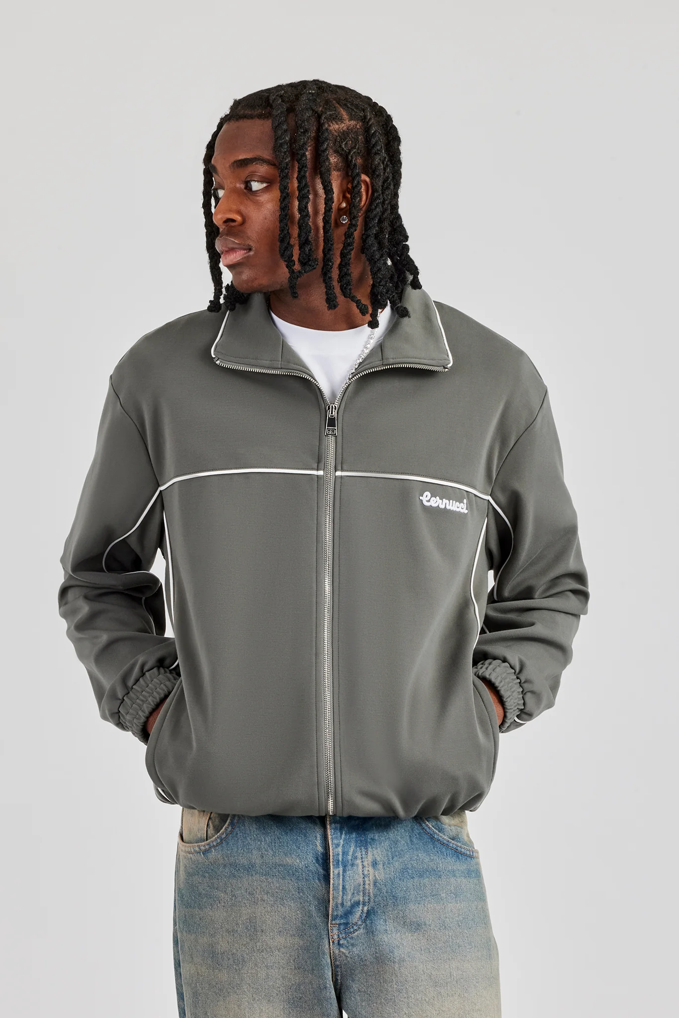 Piping Zip Through Jacket - Grey - Image 4