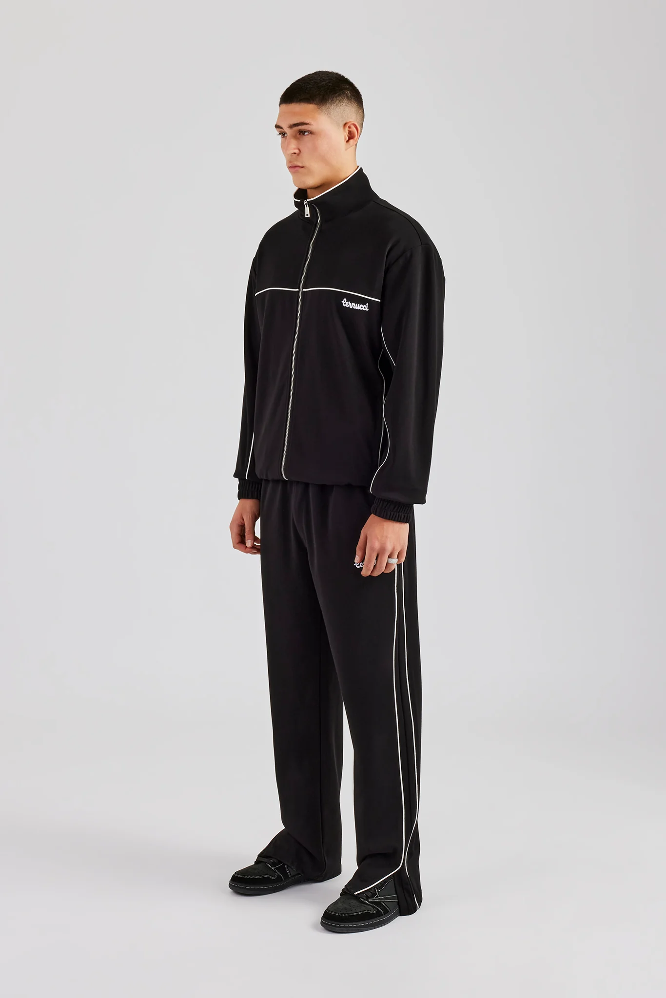 Piping Zip Through Jacket & Trouser - Black - Image 2
