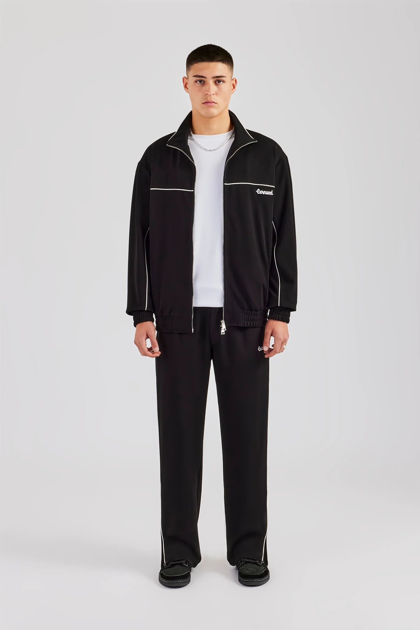 Piping Zip Through Jacket & Trouser - Black - Image 3