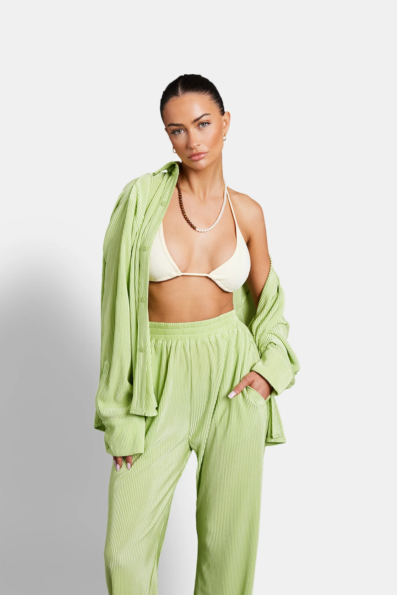 Plisse Wide Leg Trouser - Lime - Image 3